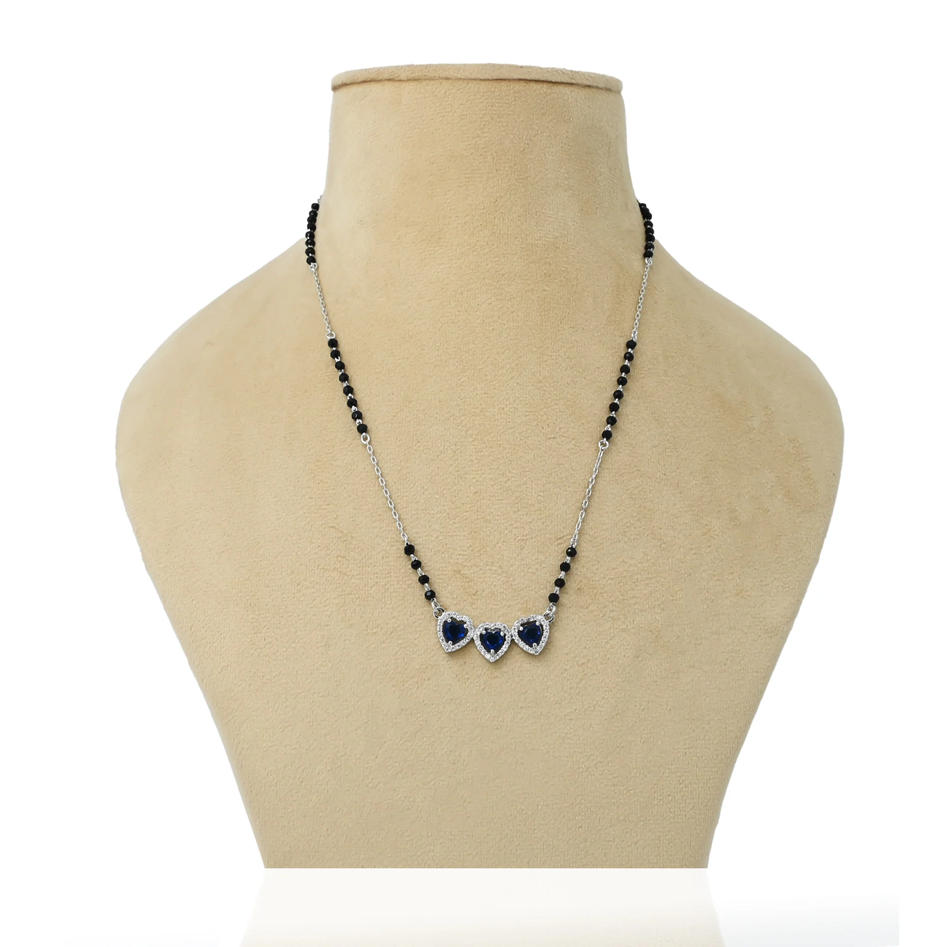 Sterling Silver Three Center Heart Shape Blue Stone Mangalsutra for Girls - Image 5