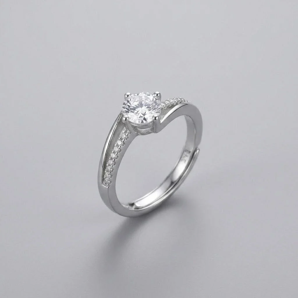 Sterling Silver Twist Pavé Solitaire Engagement Ring - Image 3