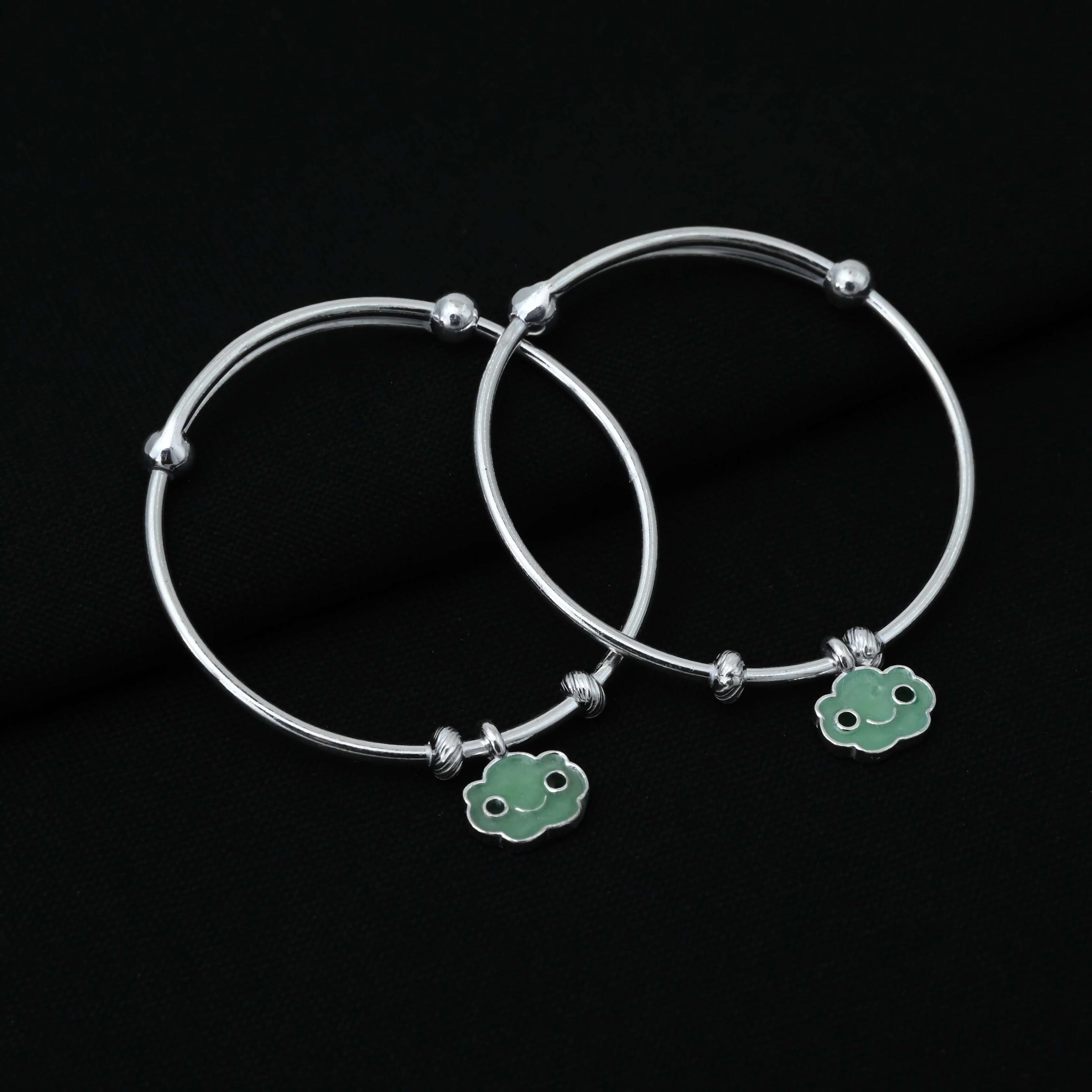 Sterling Silver Vintage Green Smiley Charm Baby Kada for Newborns - Image 2