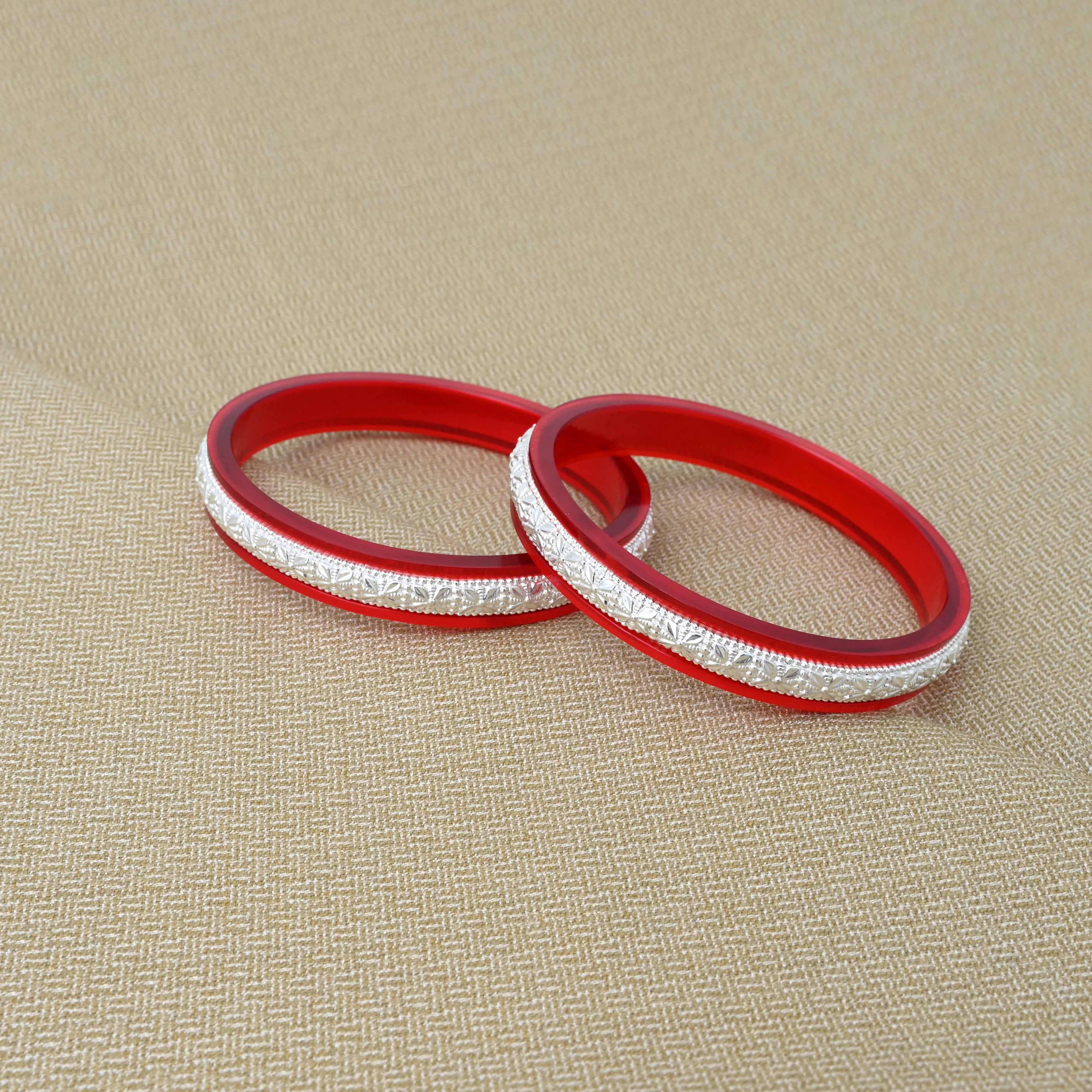 Beautiful Red Bangles with Delicate Silver Engraving - Image 3