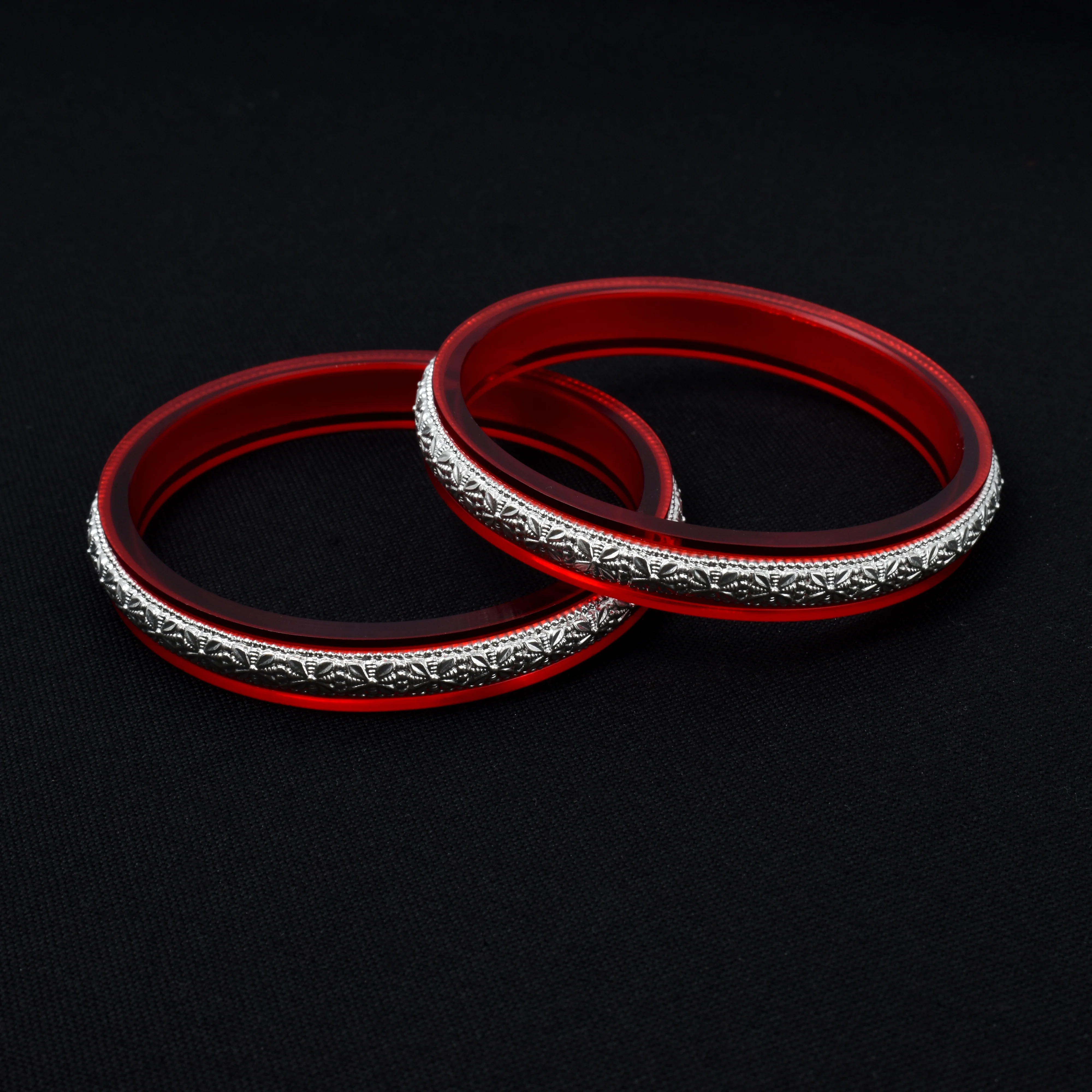 Beautiful Red Bangles with Delicate Silver Engraving - Image 4