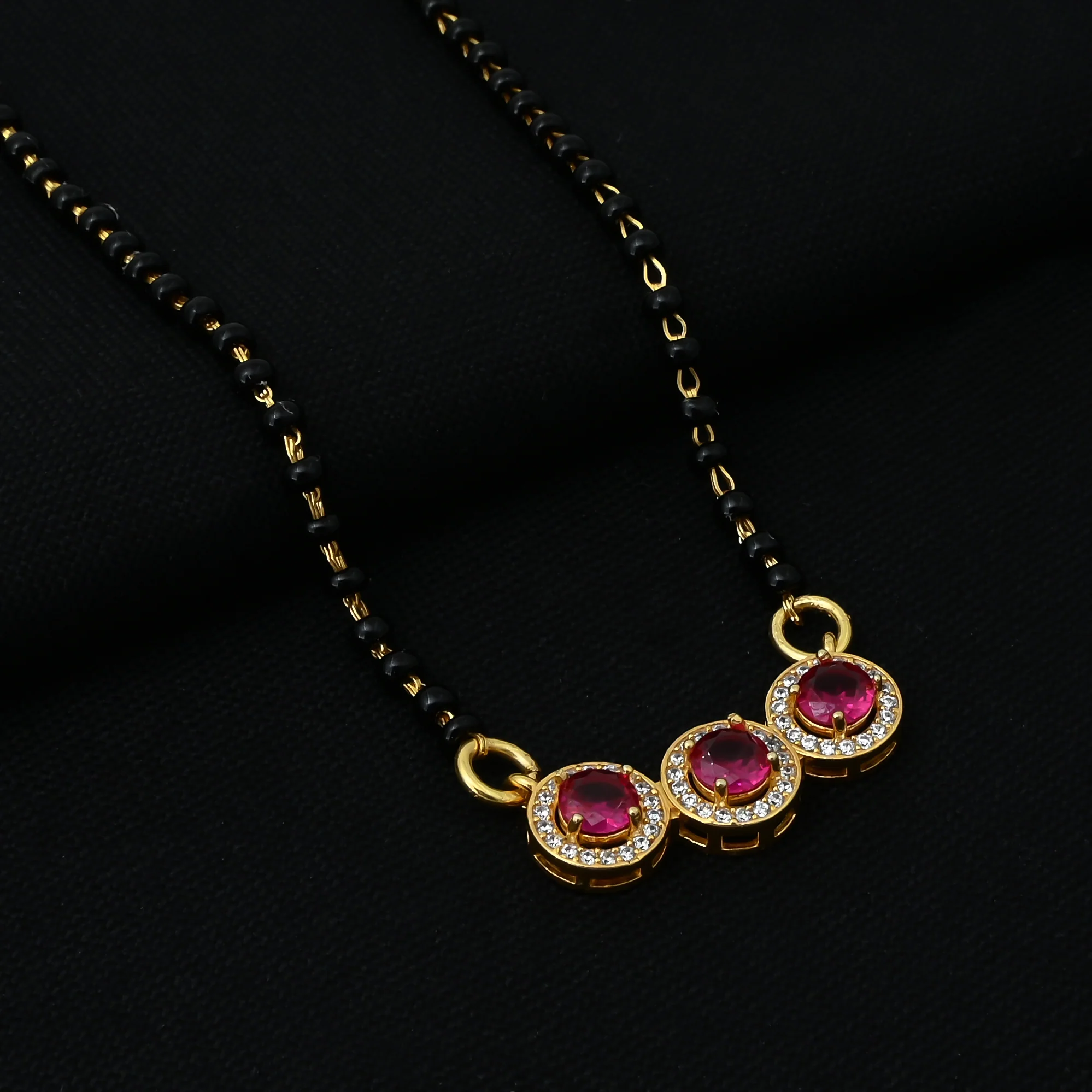Stylish Mangalsutra with Three Ruby Gemstones and Black Beads - Image 4