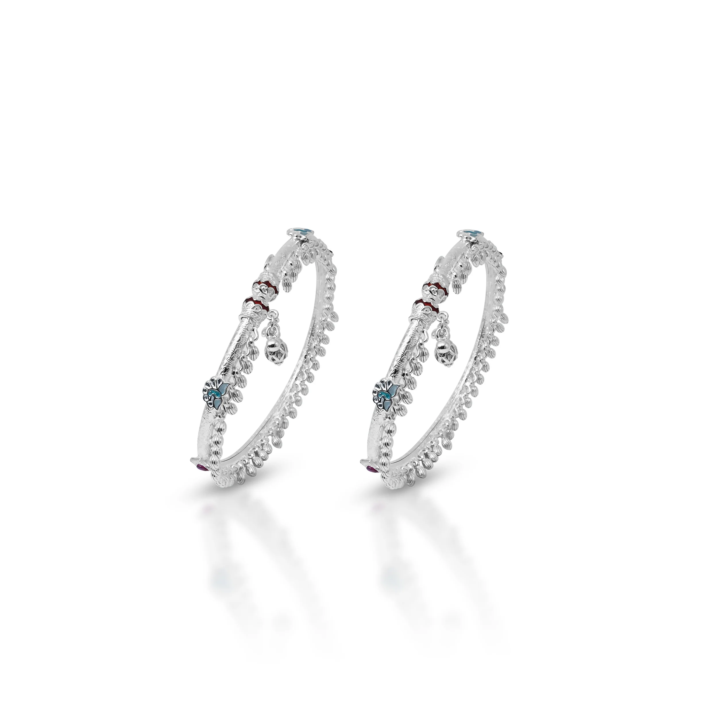 Stylish Silver Kada Payal with Red and Blue Stone - Image 2