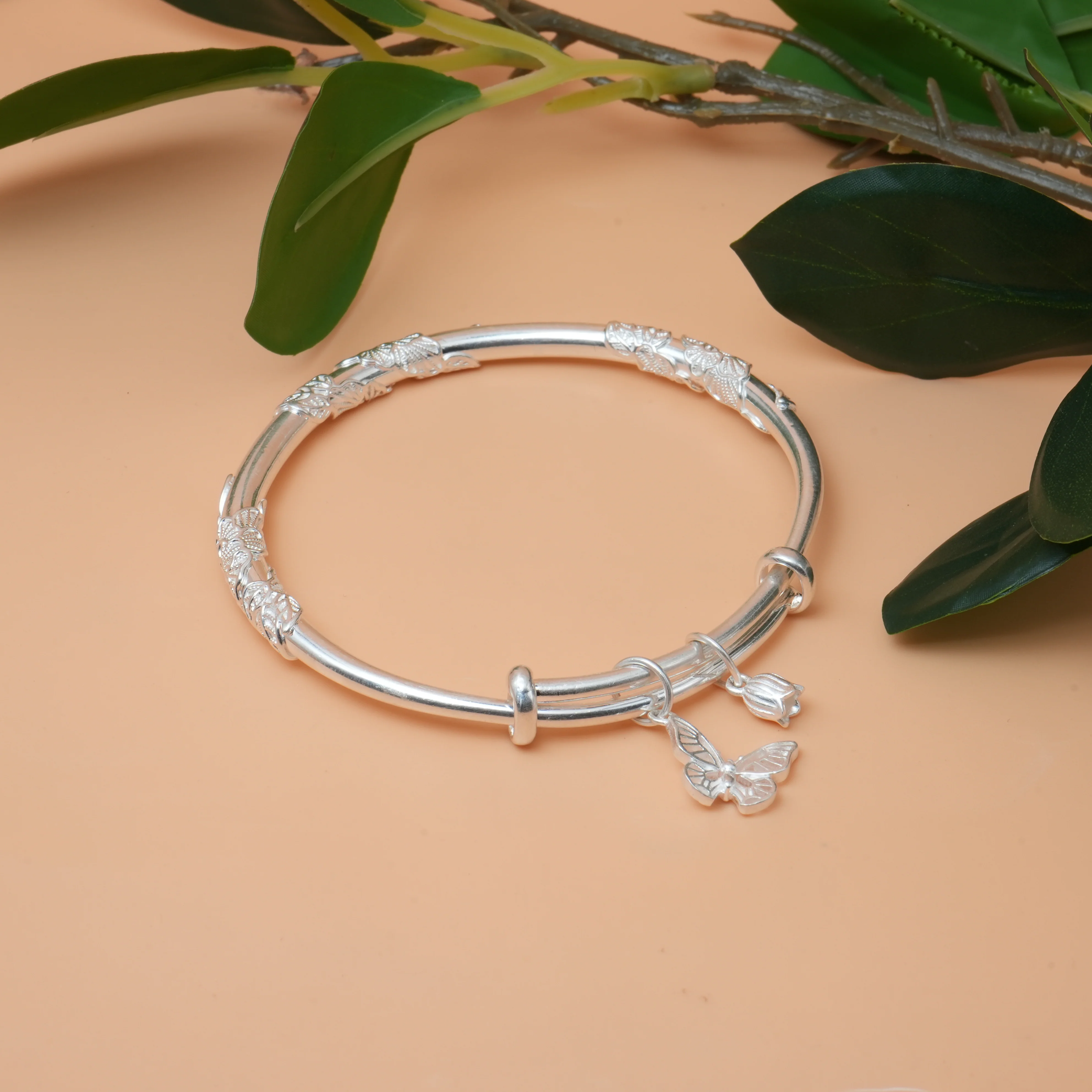 Stylish Silver Kada with Butterfly-Inspired Design and Elegant Detailing. - Image 2