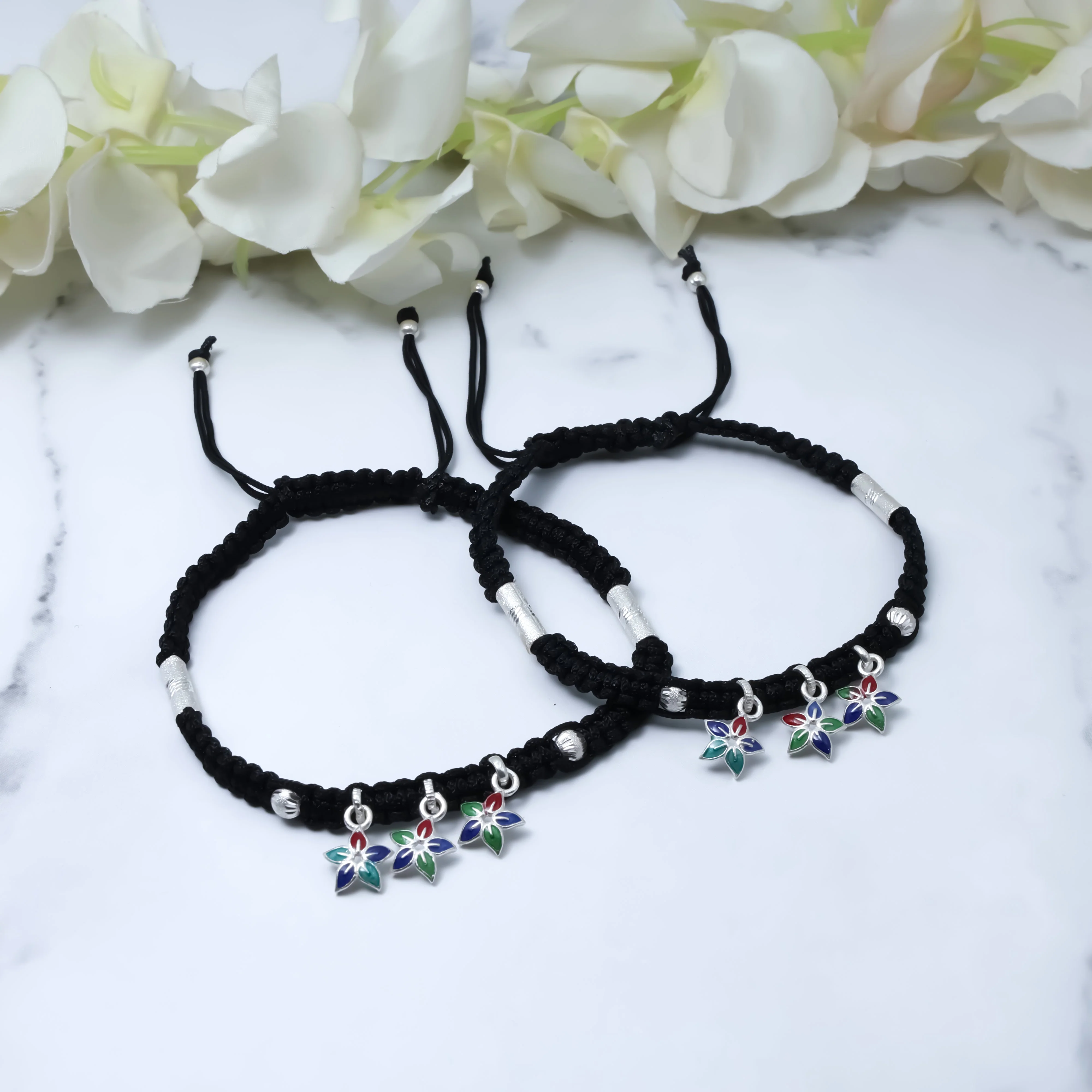 Thread Anklet with Silver and Floral Bud Charms - Image 3