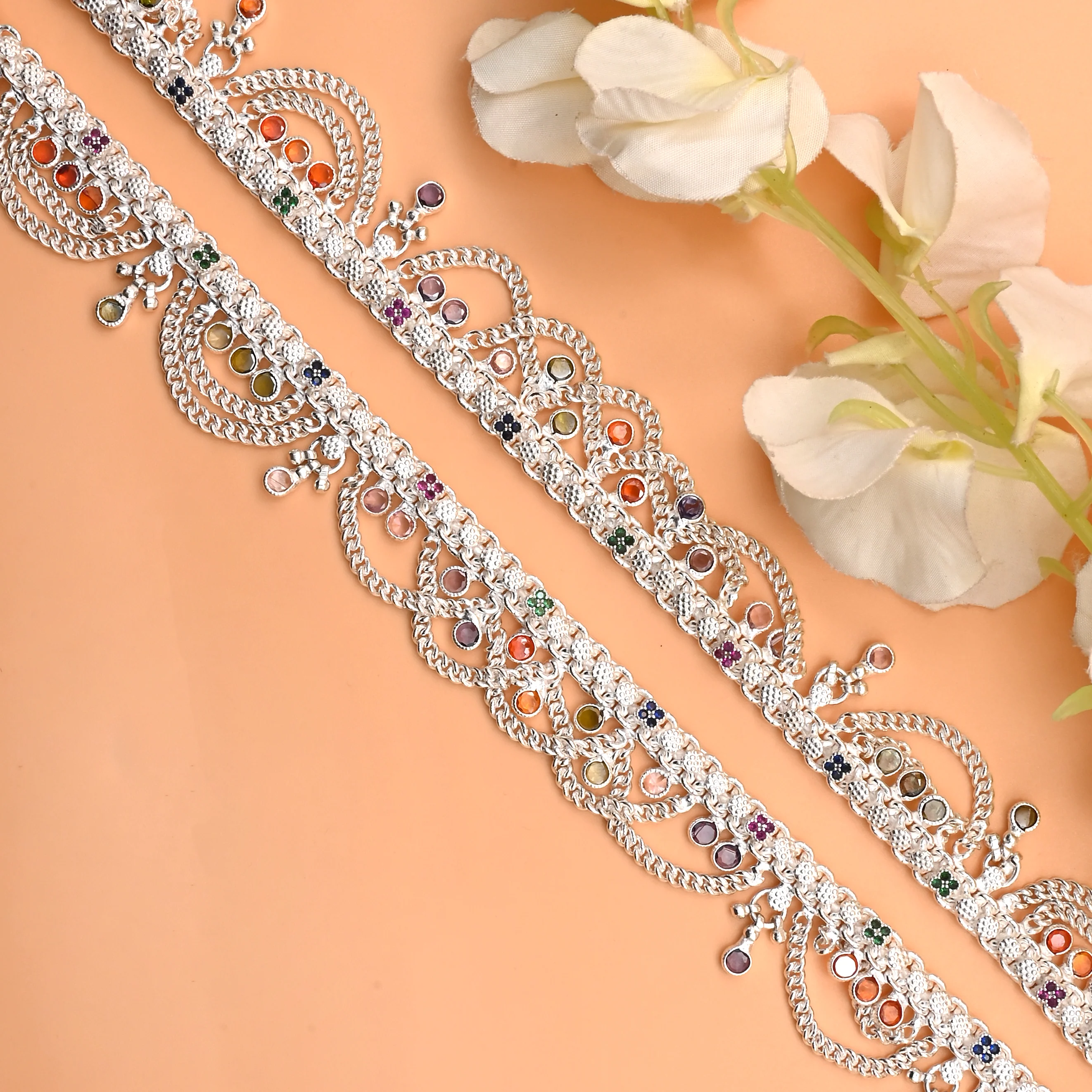 Timeless Heavy Silver Payal with Ghungroo Bells and Colorful Gemstone Detailing. - Image 2