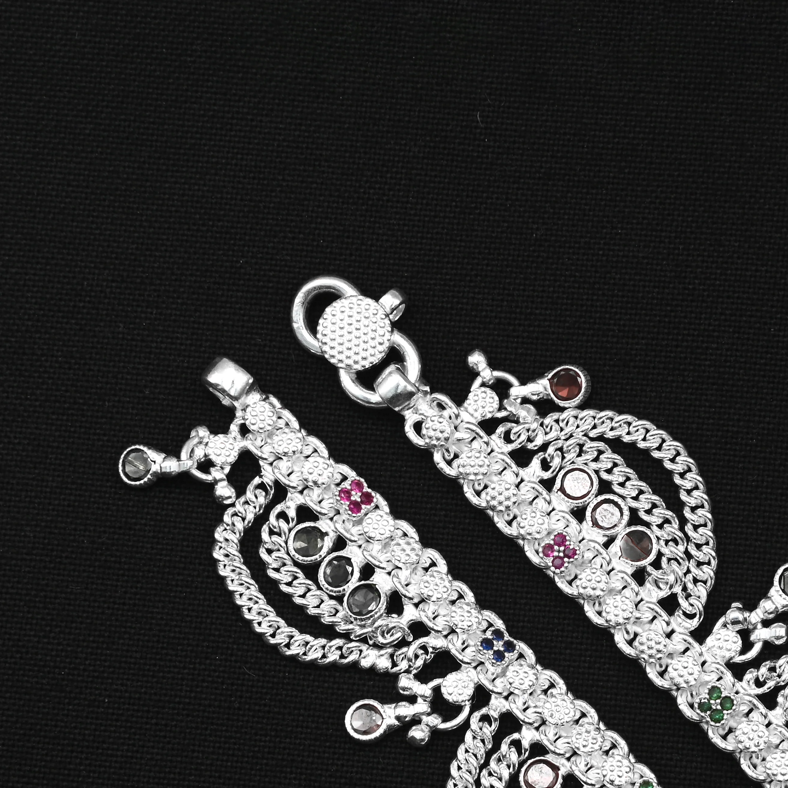 Timeless Heavy Silver Payal with Ghungroo Bells and Colorful Gemstone Detailing. - Image 4