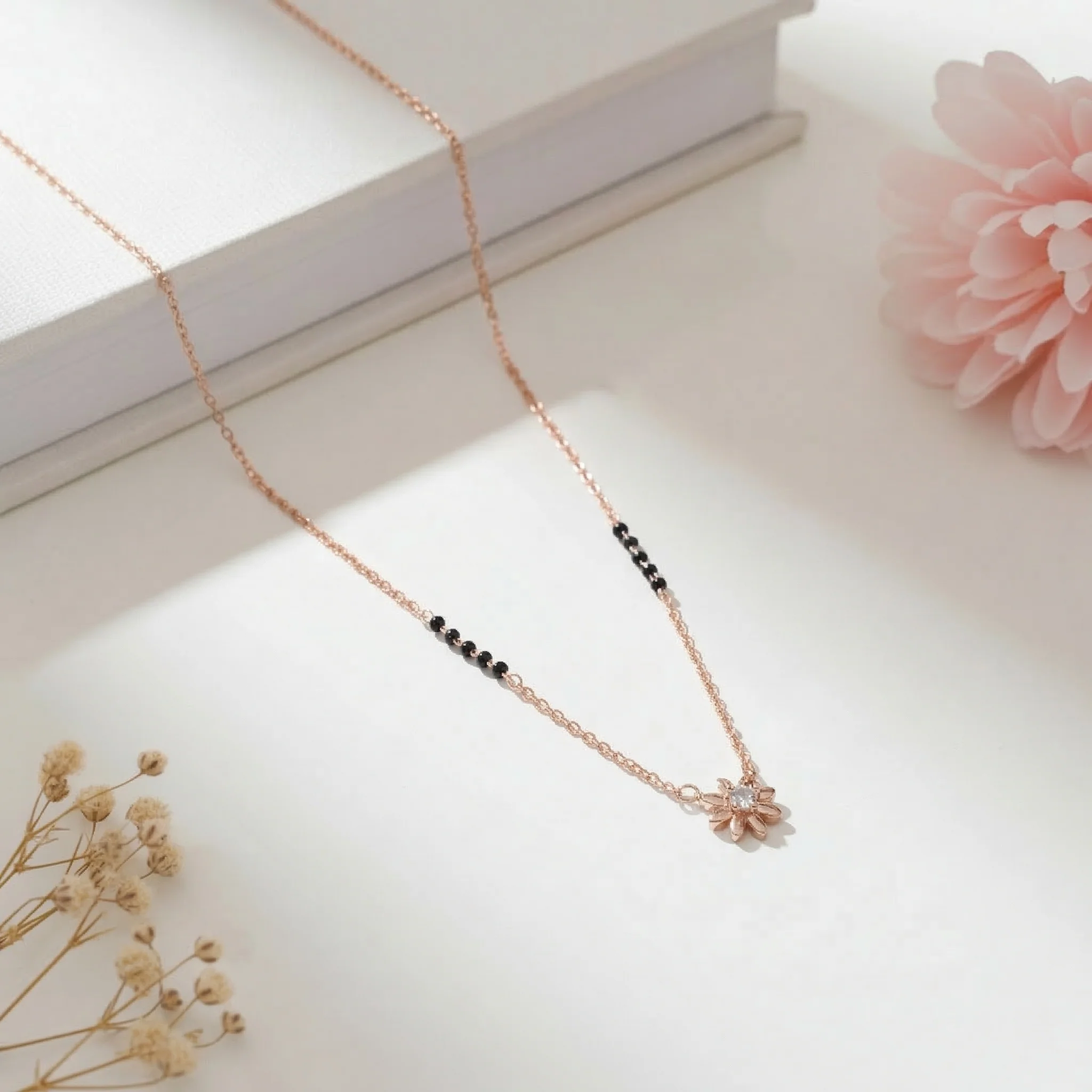 Tiny Flower Black Beads Silver Mangalsutra - Image 3