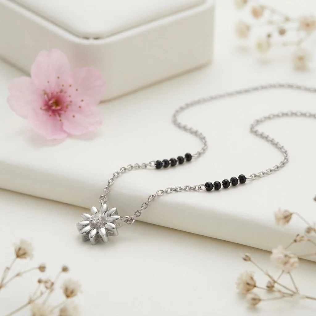 Tiny Flower Black Beads Silver Mangalsutra - Image 4