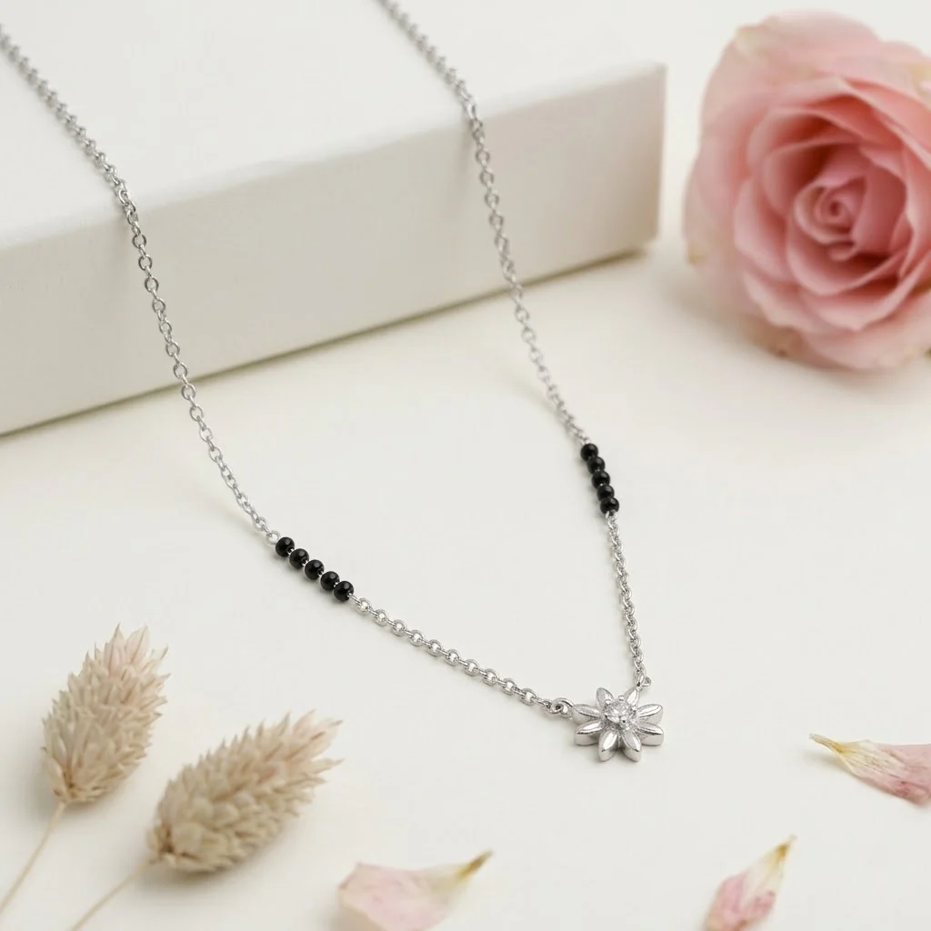 Tiny Flower Black Beads Silver Mangalsutra - Image 5
