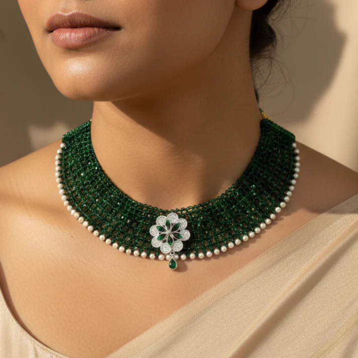 Traditional Green Beaded Silver Floral Choker Necklace for Women - Image 2