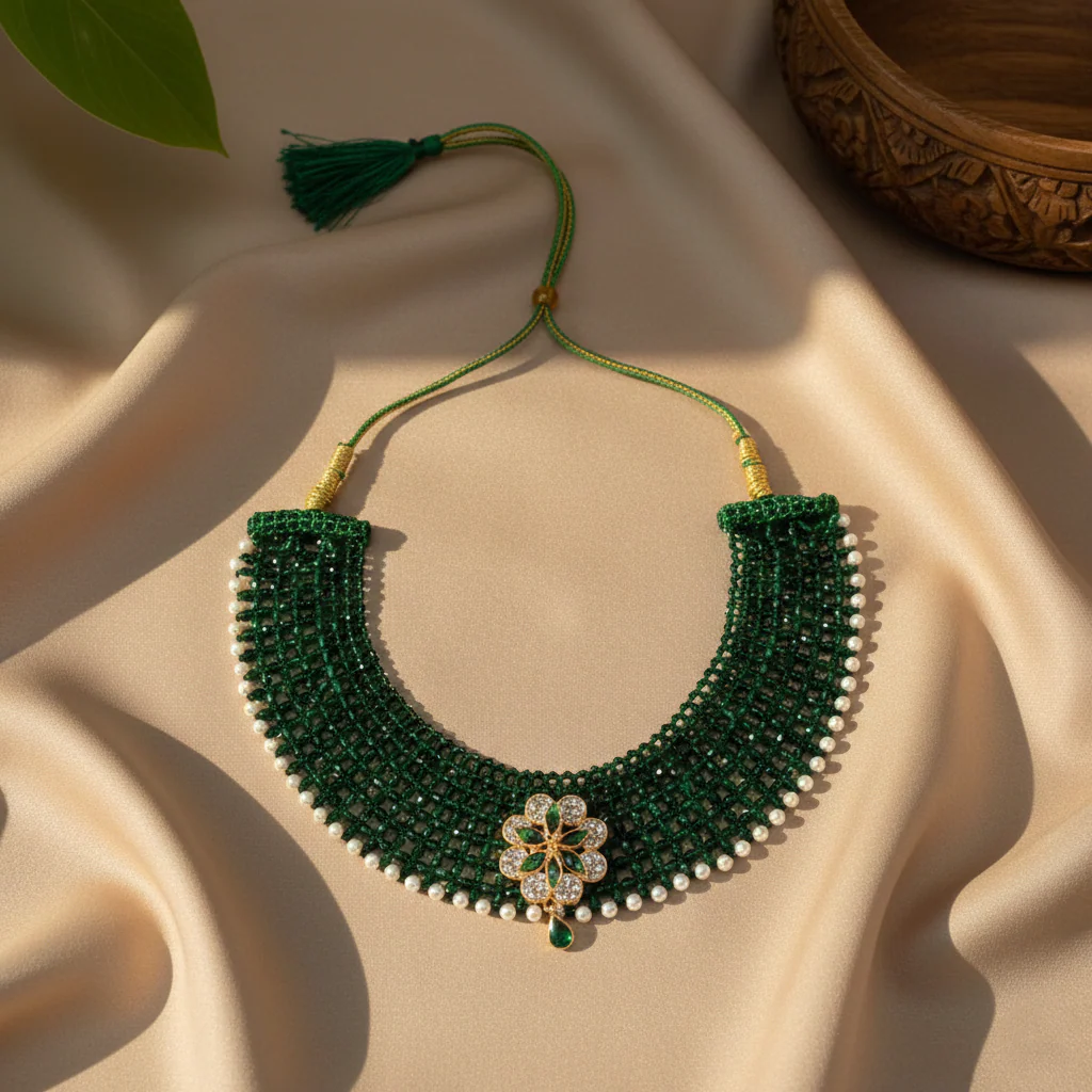 Traditional Green Beaded Silver Floral Choker Necklace for Women - Image 3