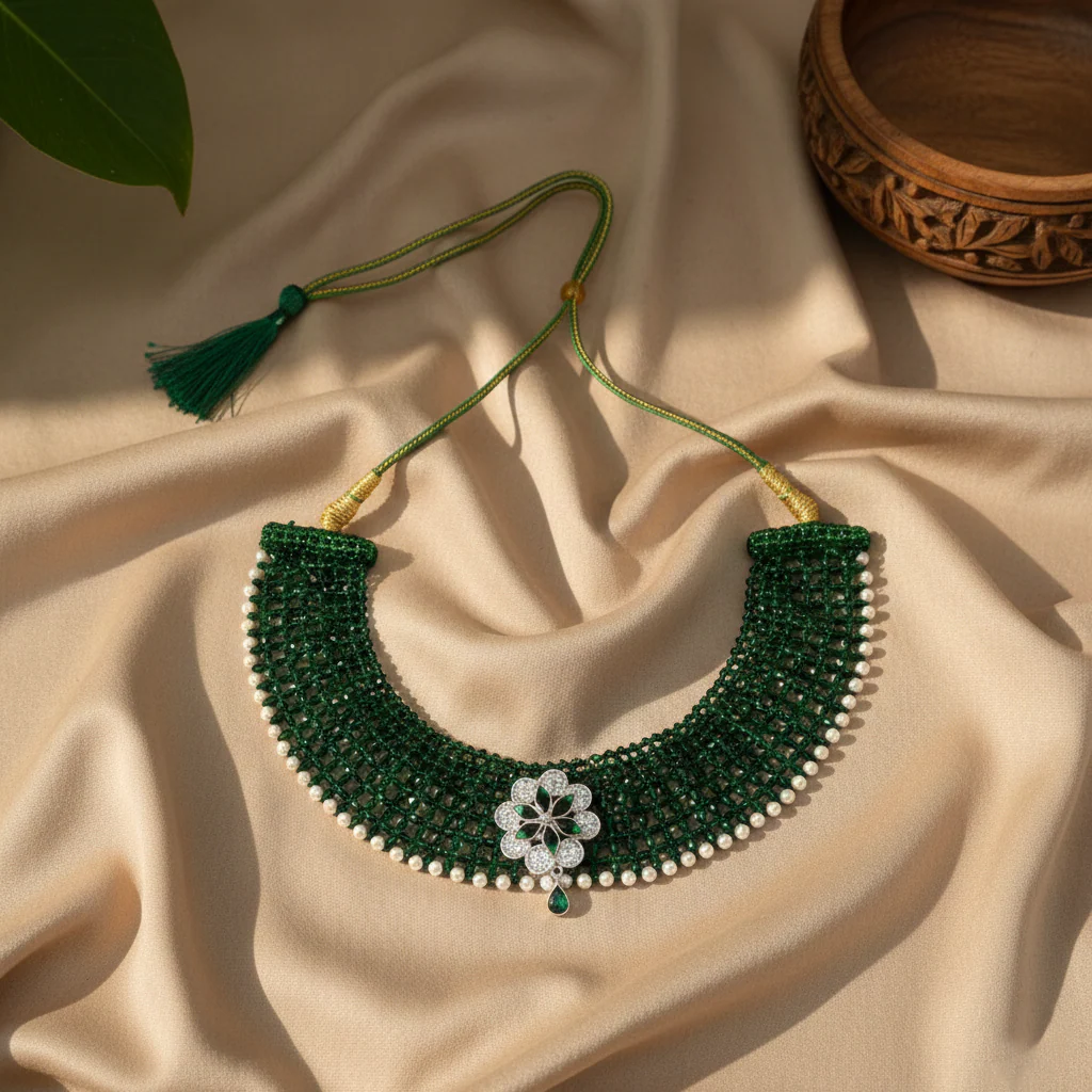 Traditional Green Beaded Silver Floral Choker Necklace for Women - Image 4