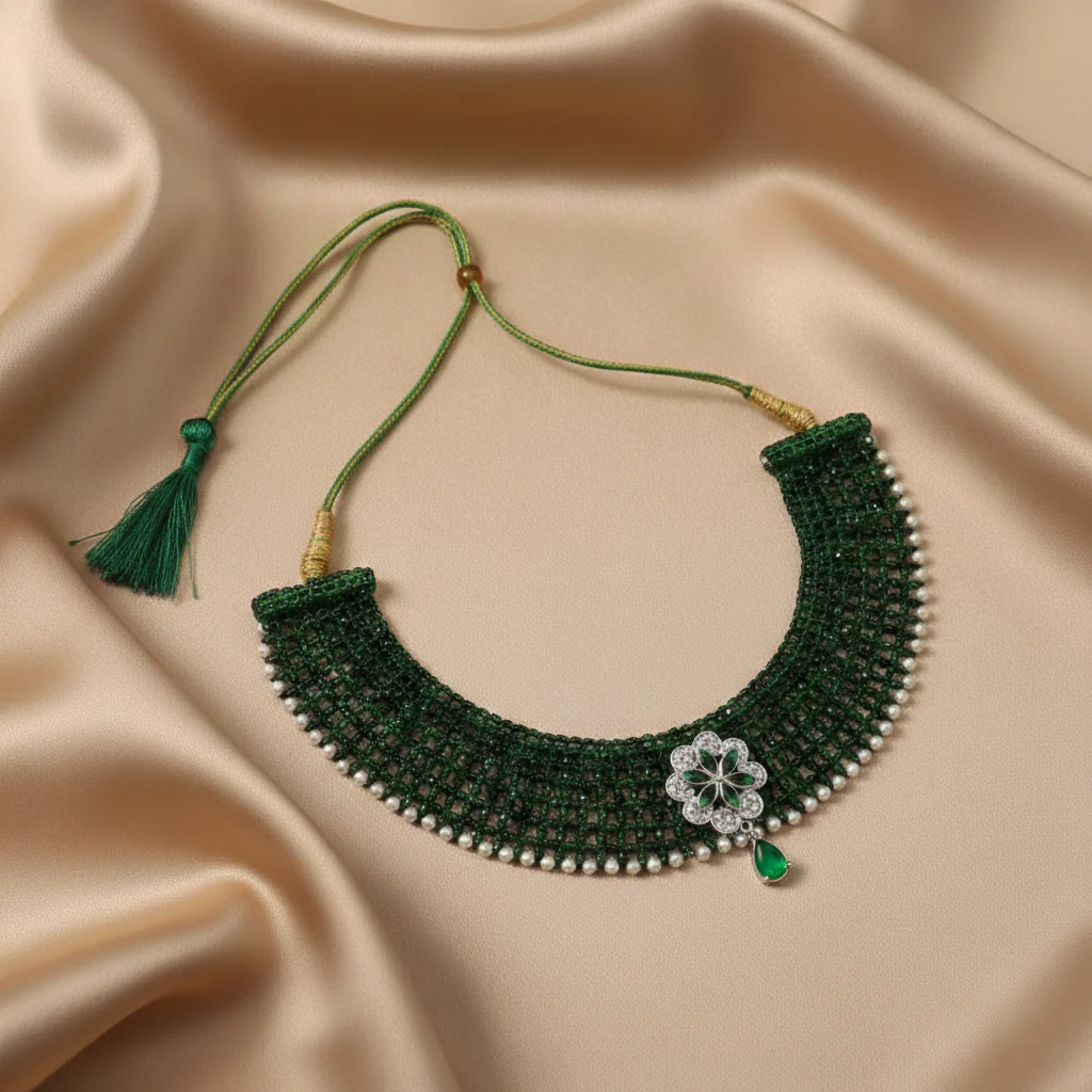 Traditional Green Beaded Silver Floral Choker Necklace for Women - Image 6