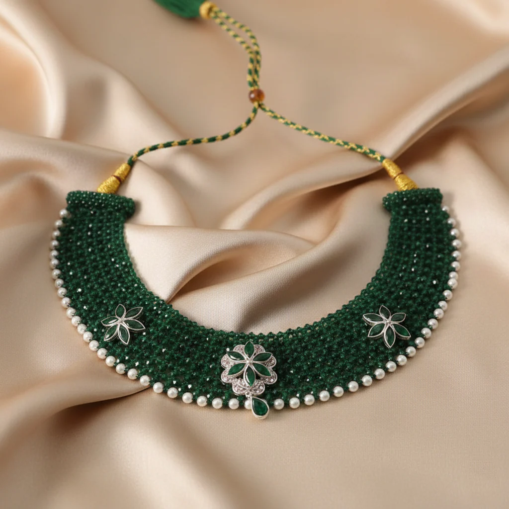 Traditional Green & Silver Three Flower Choker Necklace for Women - Image 6