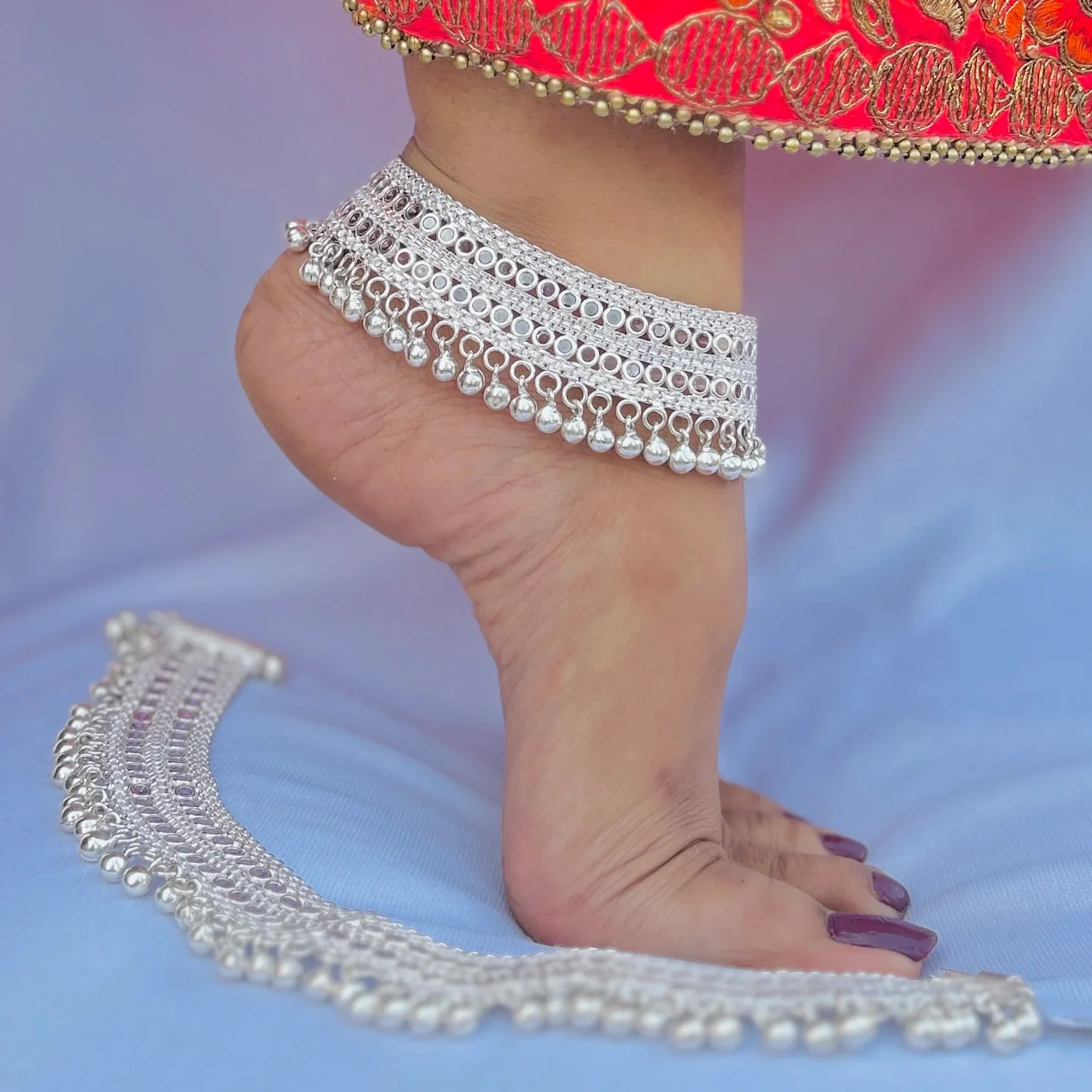 Traditional Heavy Silver Payal with Multiple Stones and Ghungroos - Image 2
