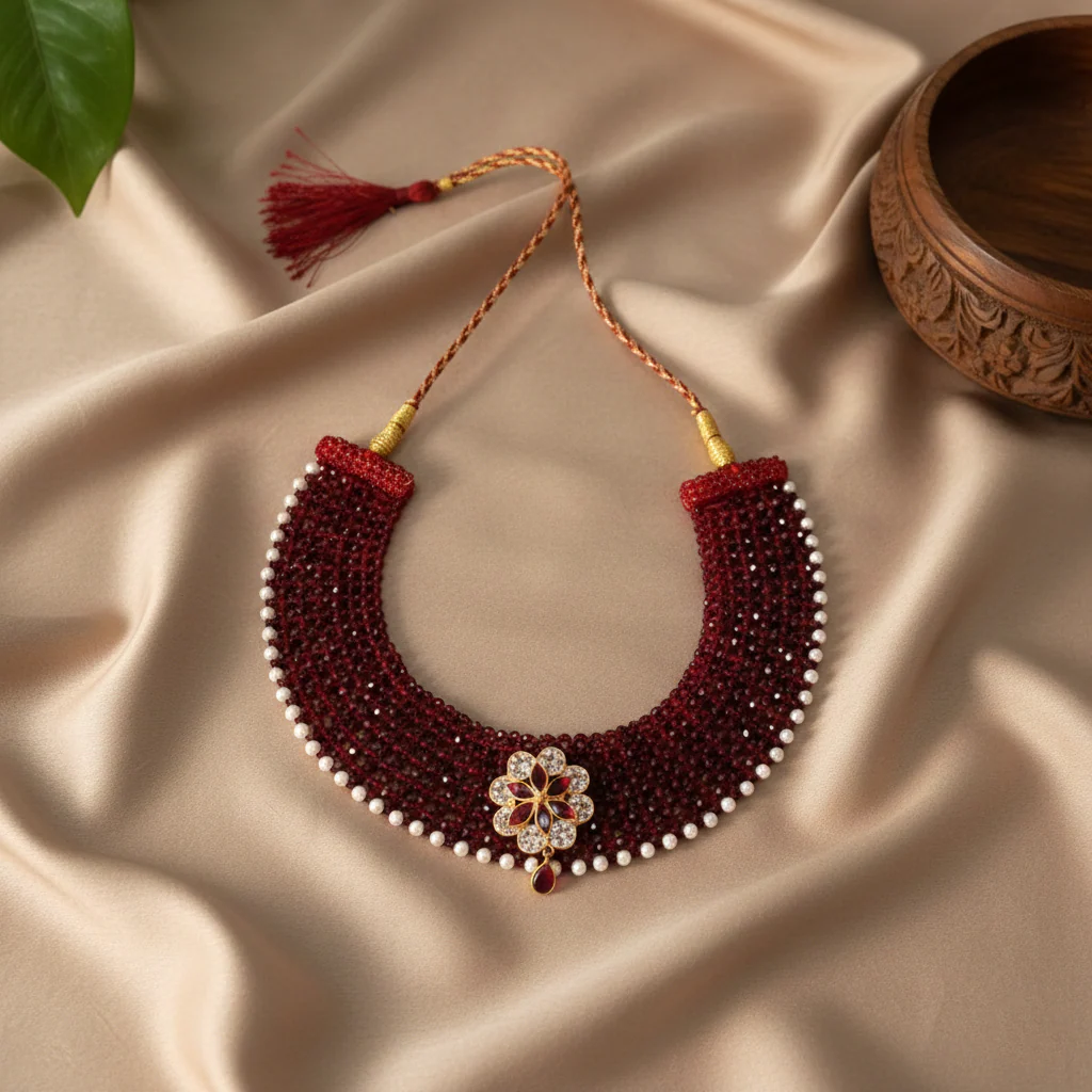 Traditional Maroon Beaded Silver Floral Choker Necklace for Women - Image 3