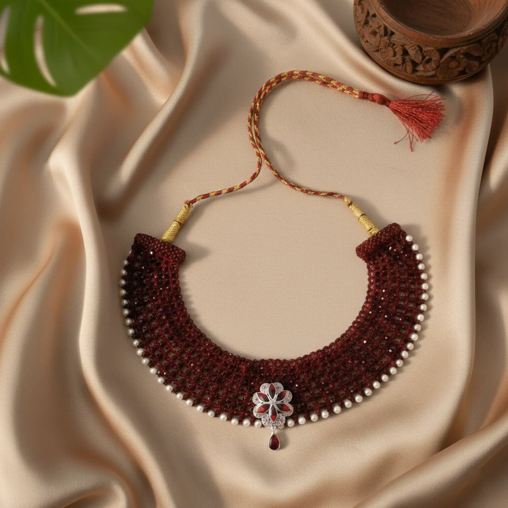 Traditional Maroon Beaded Silver Floral Choker Necklace for Women - Image 4