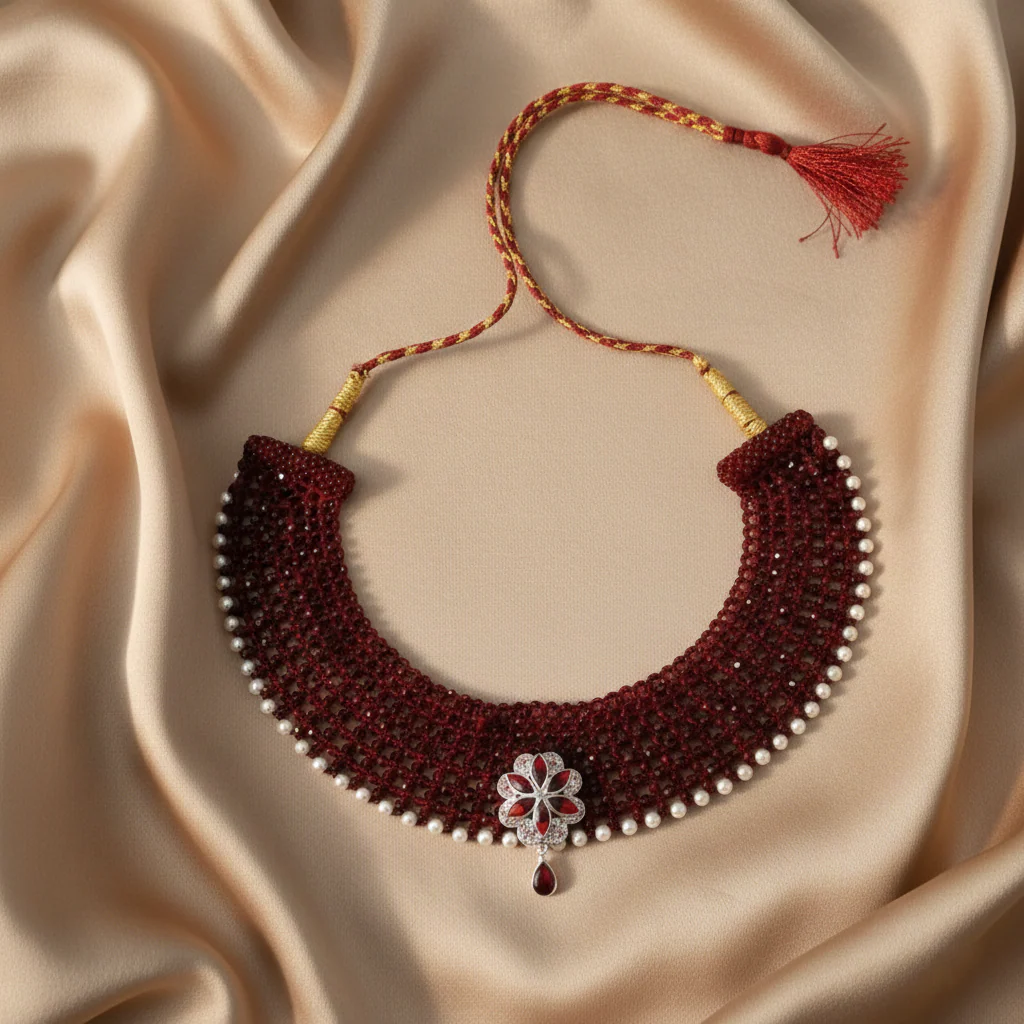Traditional Maroon Beaded Silver Floral Choker Necklace for Women - Image 5