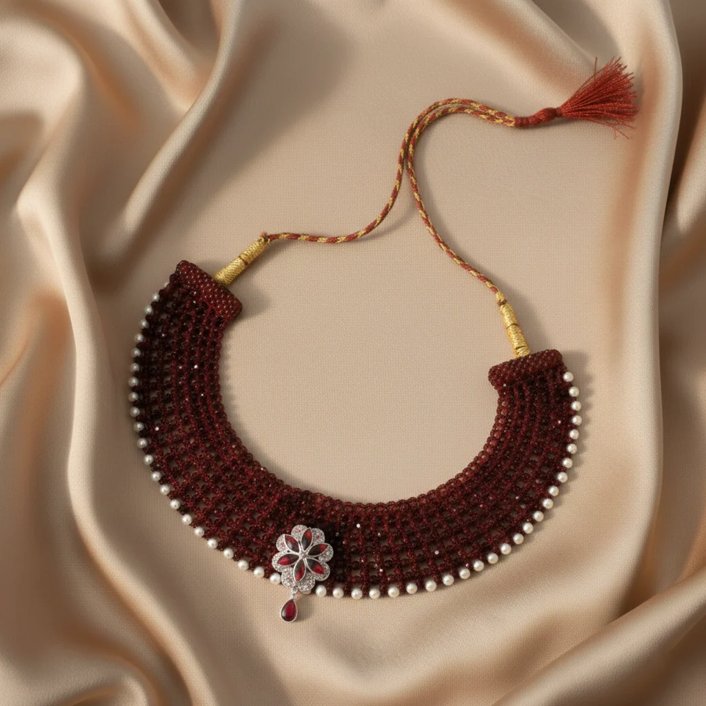 Traditional Maroon Beaded Silver Floral Choker Necklace for Women - Image 6