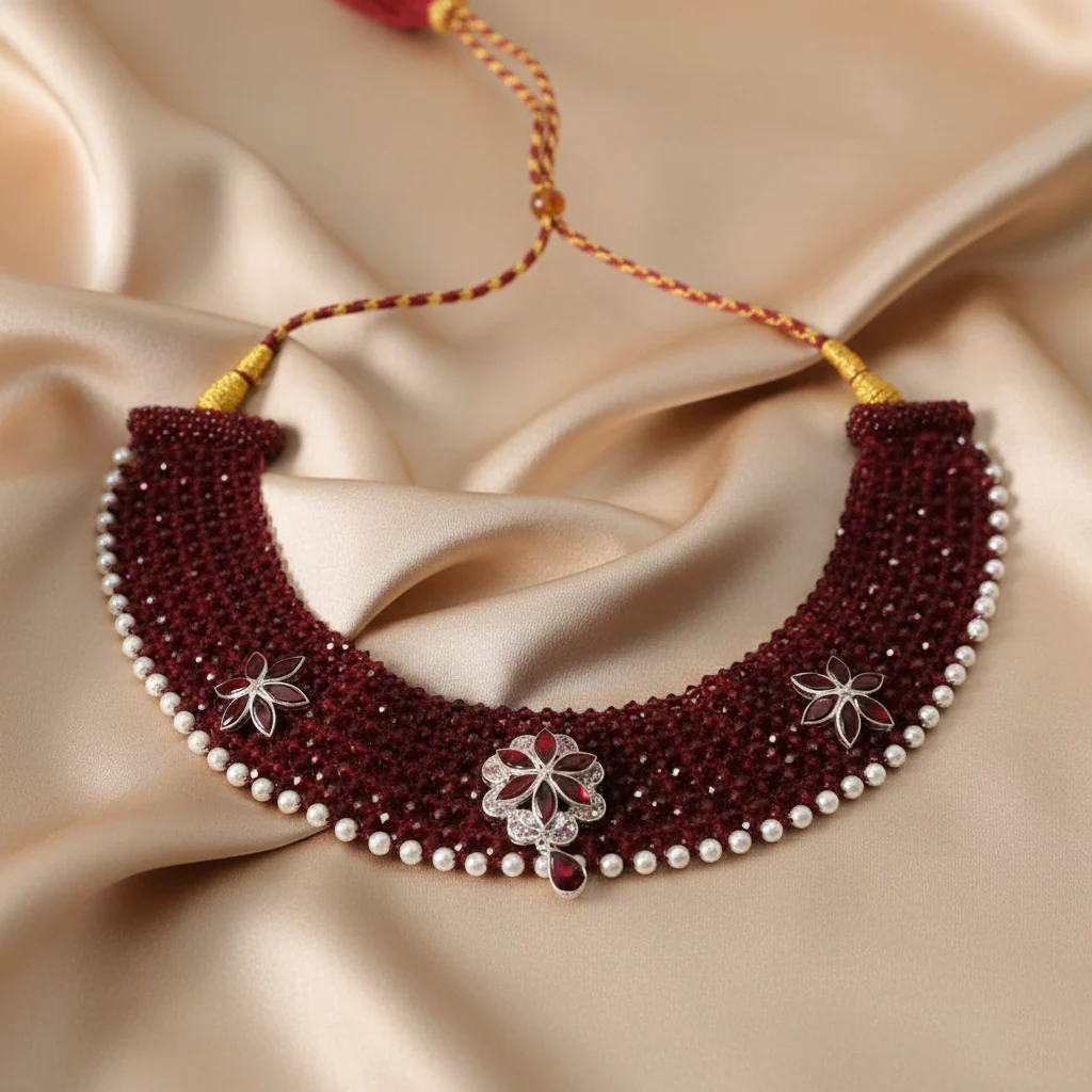 Traditional Maroon & Silver Three Flower Choker Necklace for Women - Image 5
