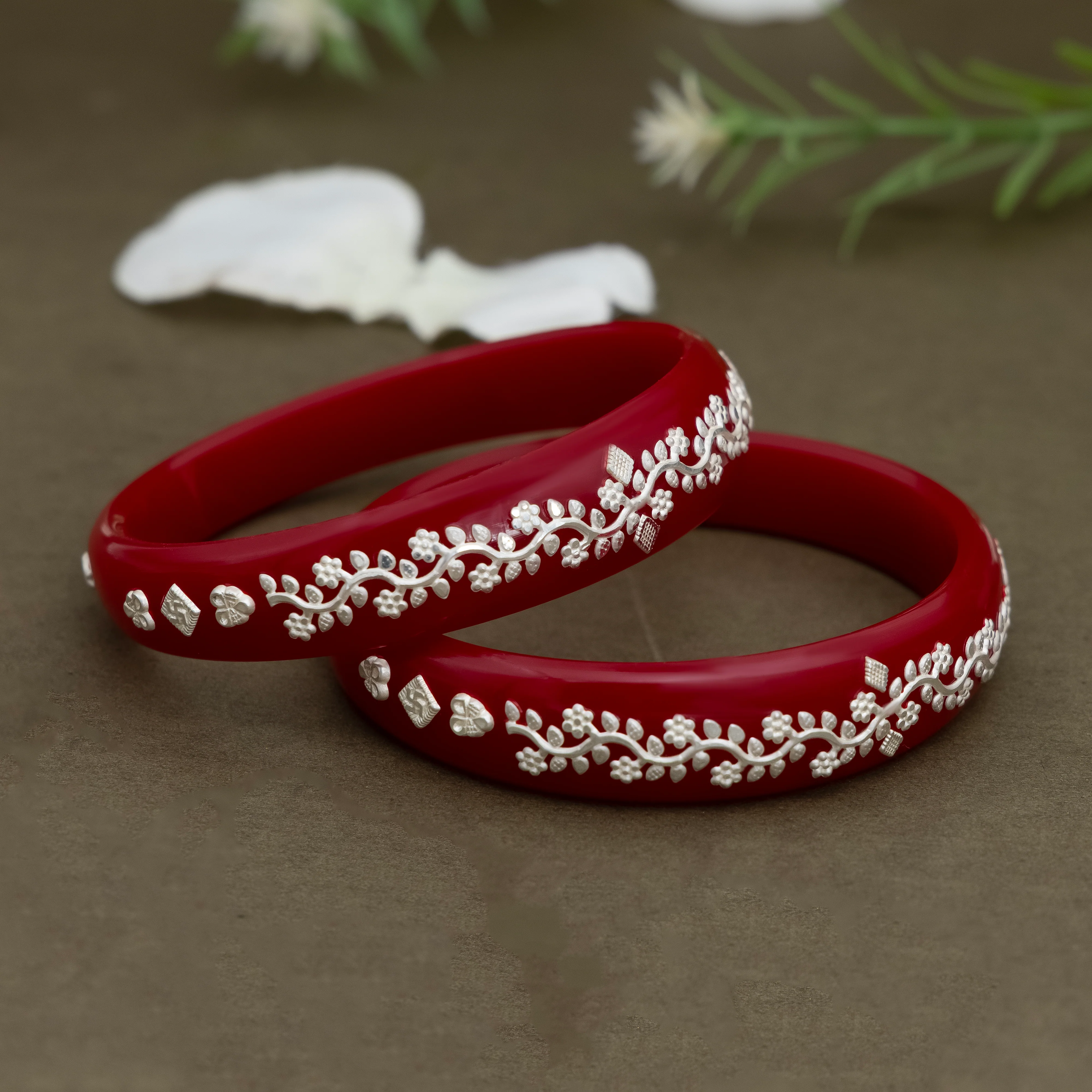 Traditional Red Bangles with Pure Silver Floral - Image 5