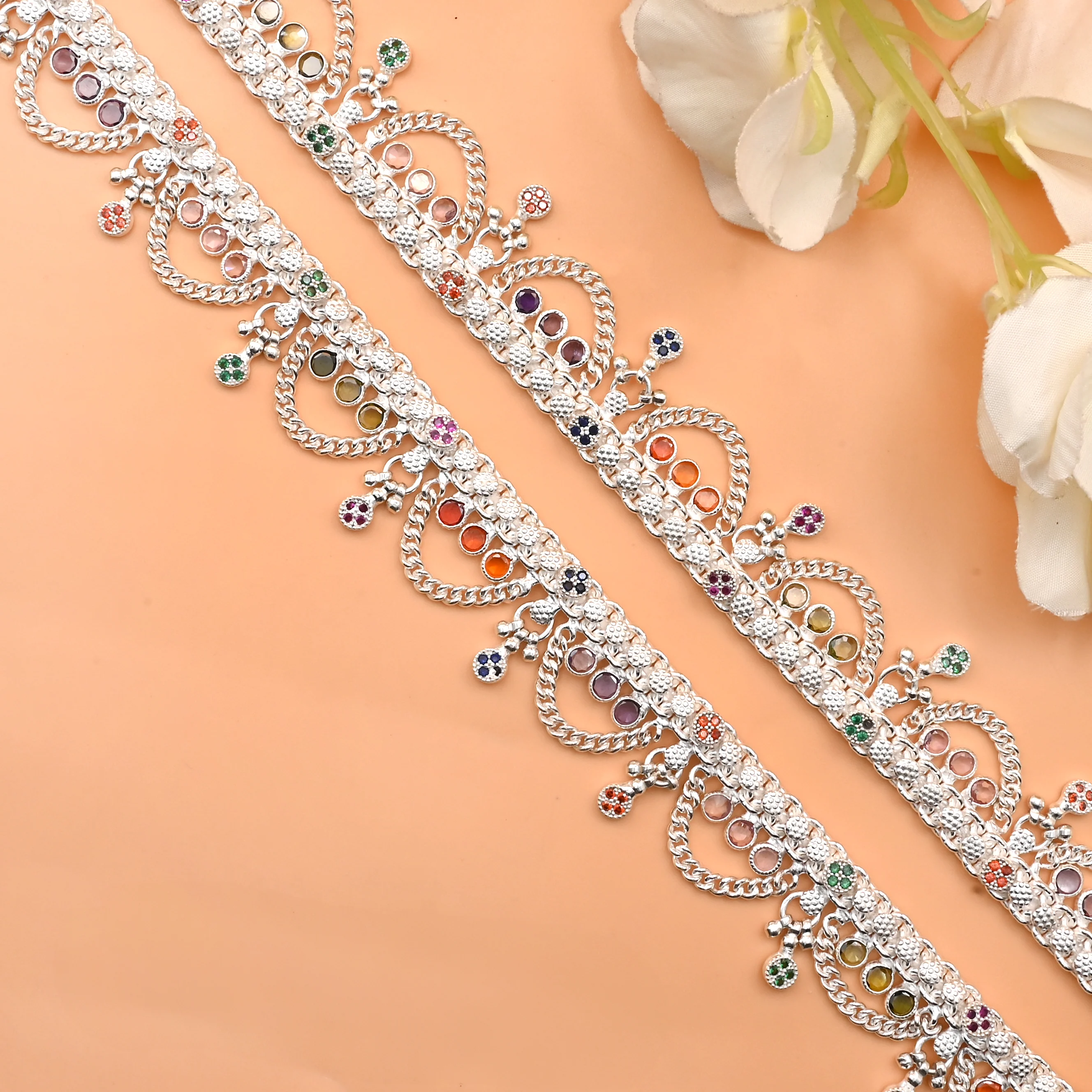 Traditional Silver Anklet Payal with Latkan Chain and Colorful Moti Ghungroo. - Image 2