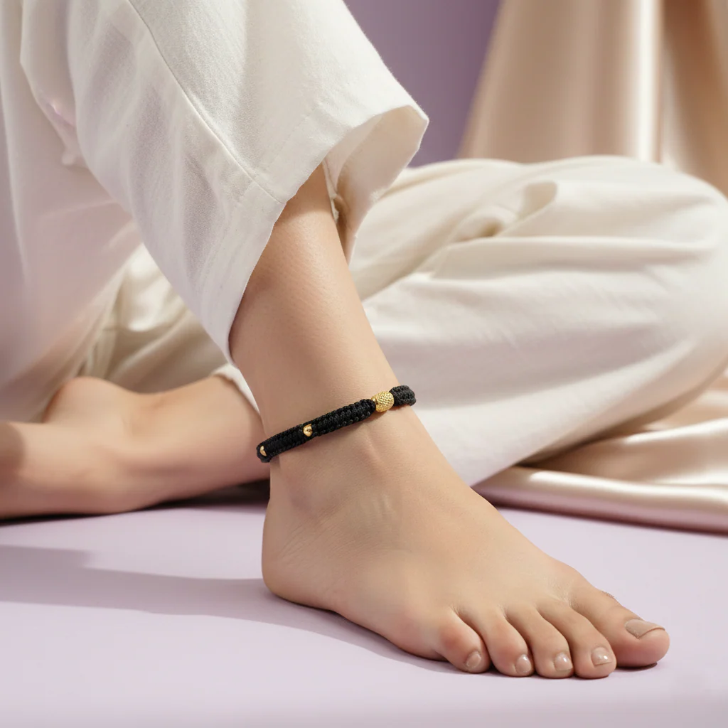 Traditional Silver Dhaga Anklet (Gold Polished Beads) - Image 4