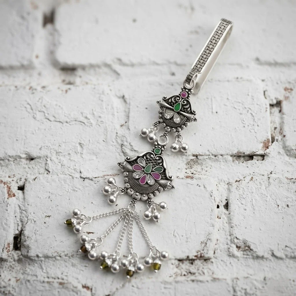 Traditional Silver Floral Chabi Chhalla Designer Silver Key Holder Pendant for Women