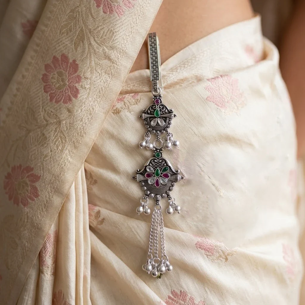 Traditional Silver Floral Chabi Chhalla Designer Silver Key Holder Pendant for Women - Image 2