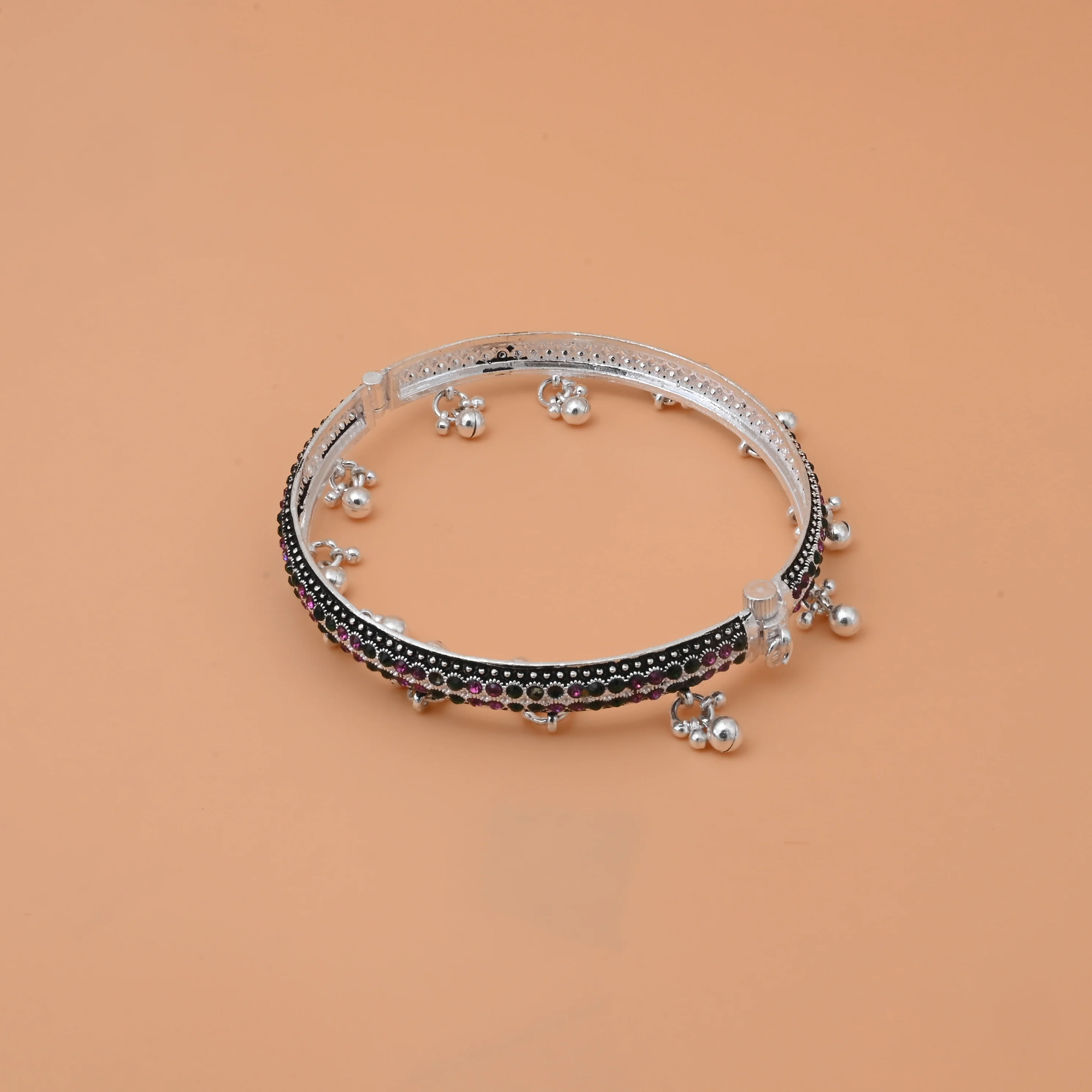 Traditional Silver Kada Payal with Black Border, Pink & Green Stones. - Image 2
