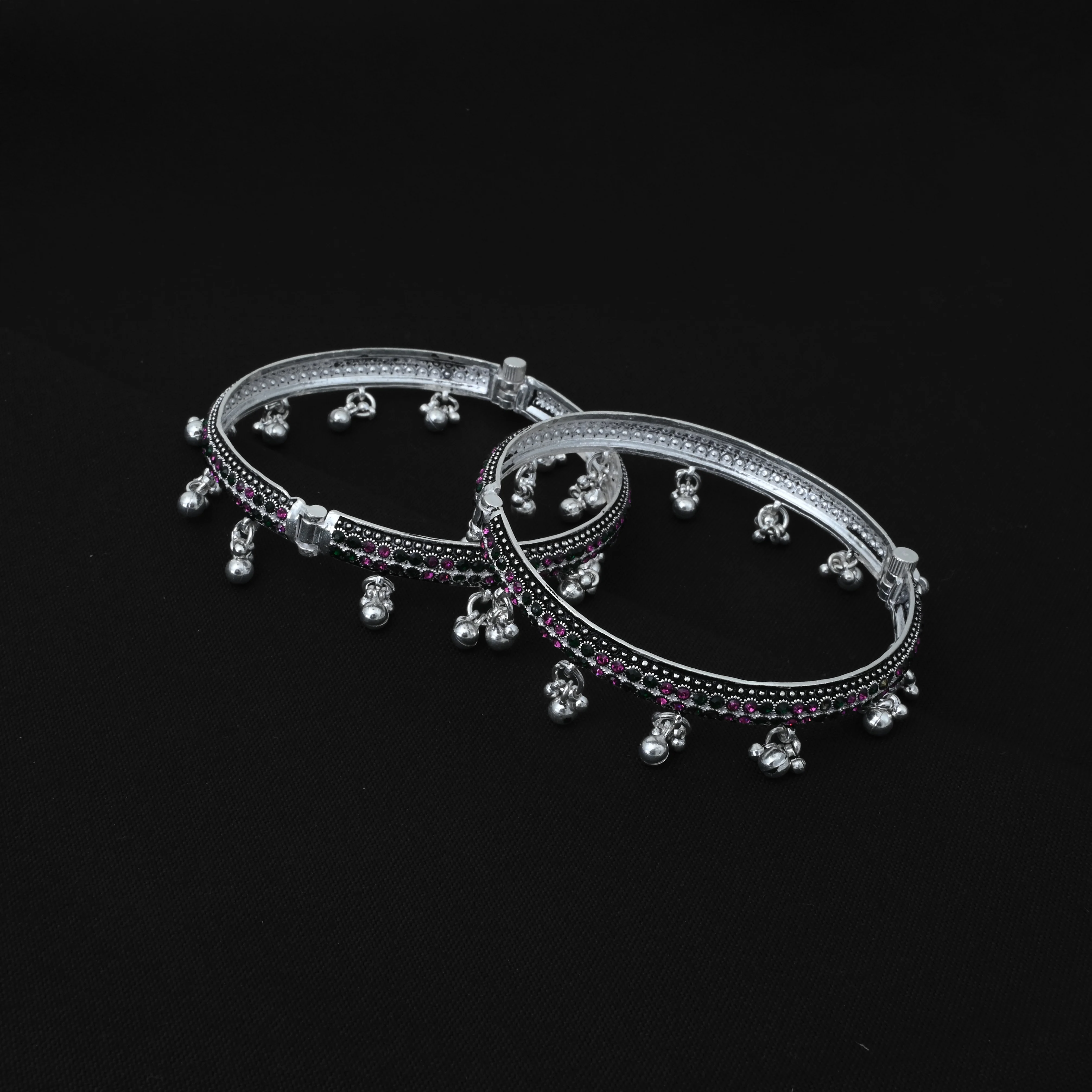 Traditional Silver Kada Payal with Black Border, Pink & Green Stones. - Image 3