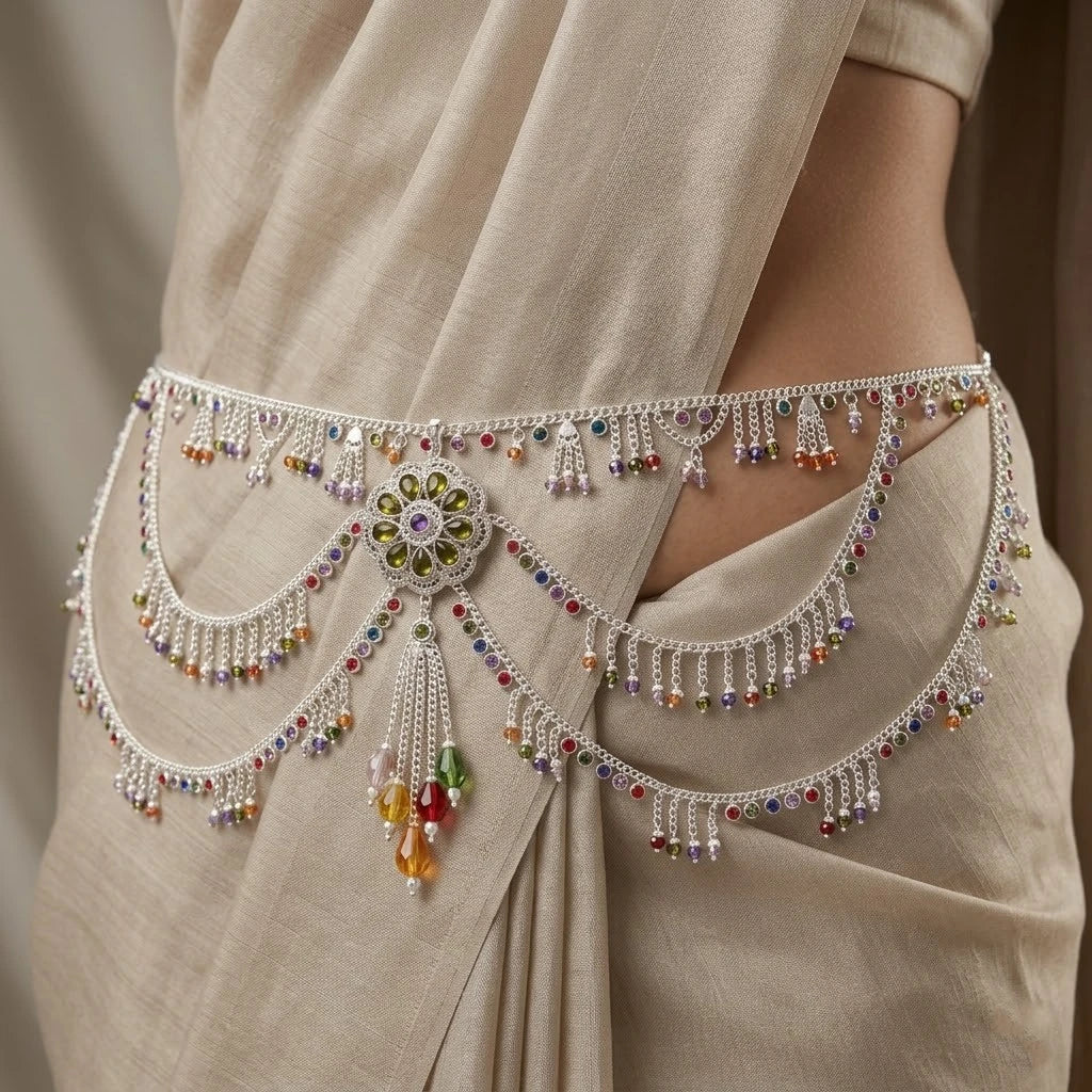 Traditional Silver Kamarbandh for Women Colorful Stone - Image 2