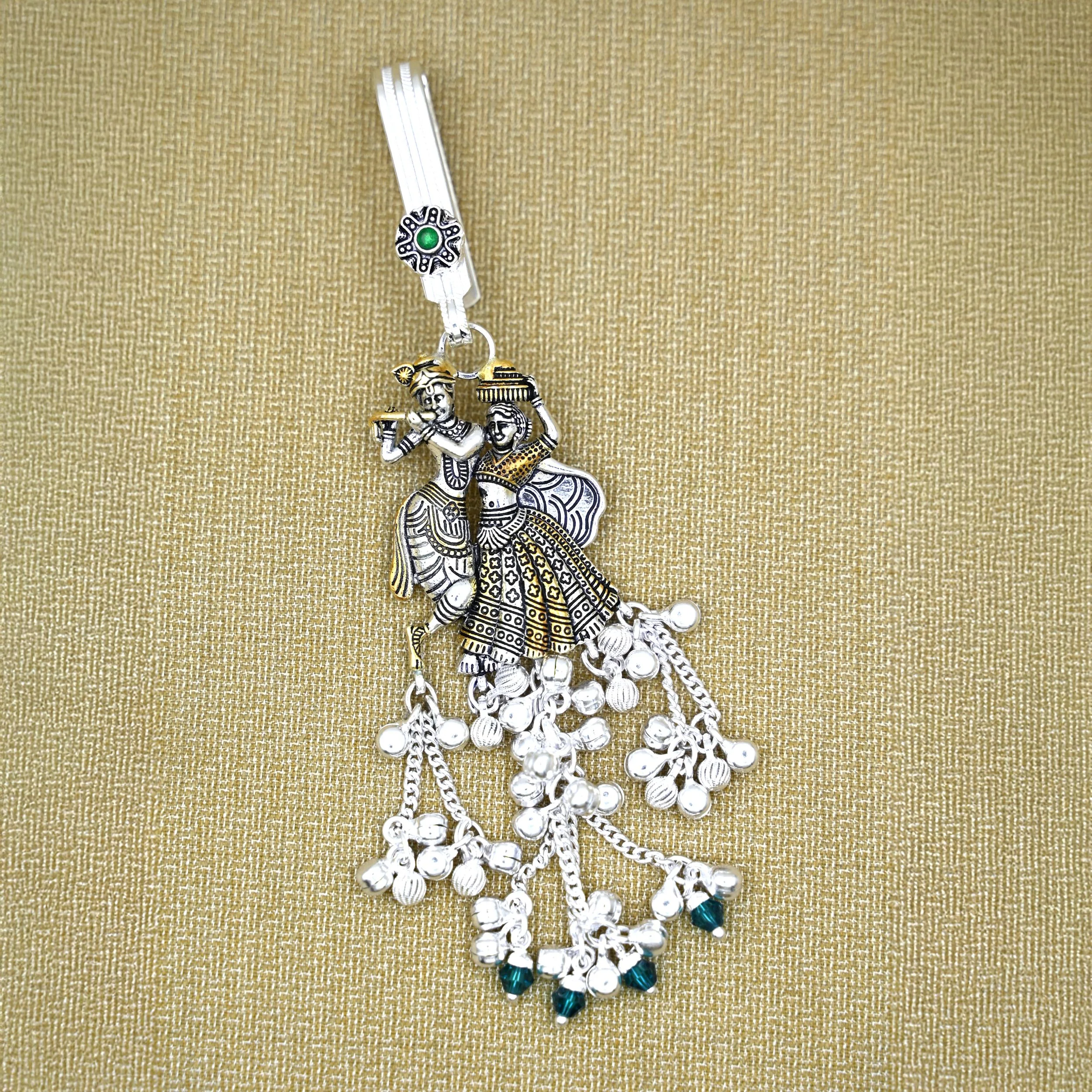 Traditional Silver Keychain with Radha Krishna Portrait and Ghungroo - Image 2