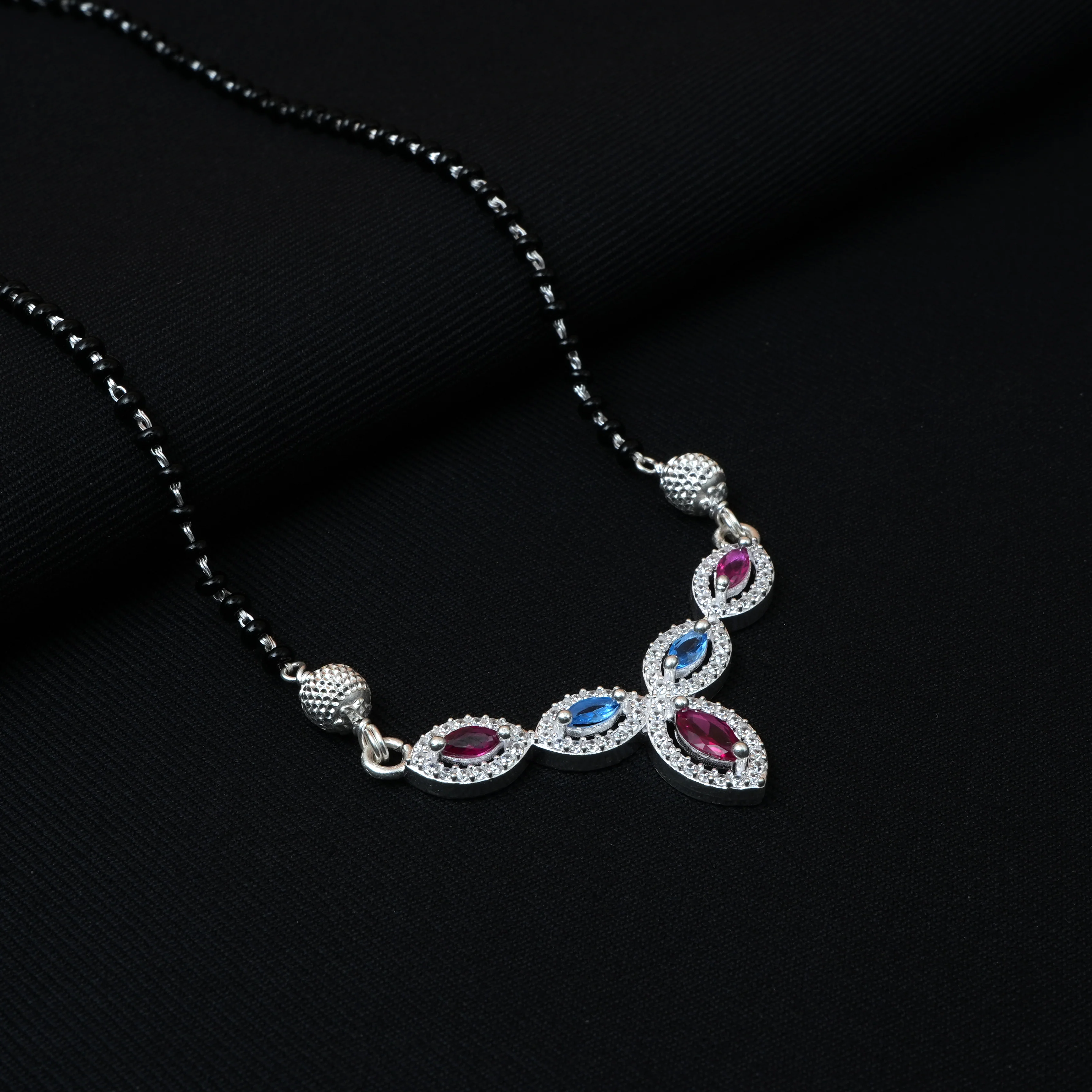 Traditional Silver Mangalsutra with Stunning Pink and Blue Center Stone. - Image 2