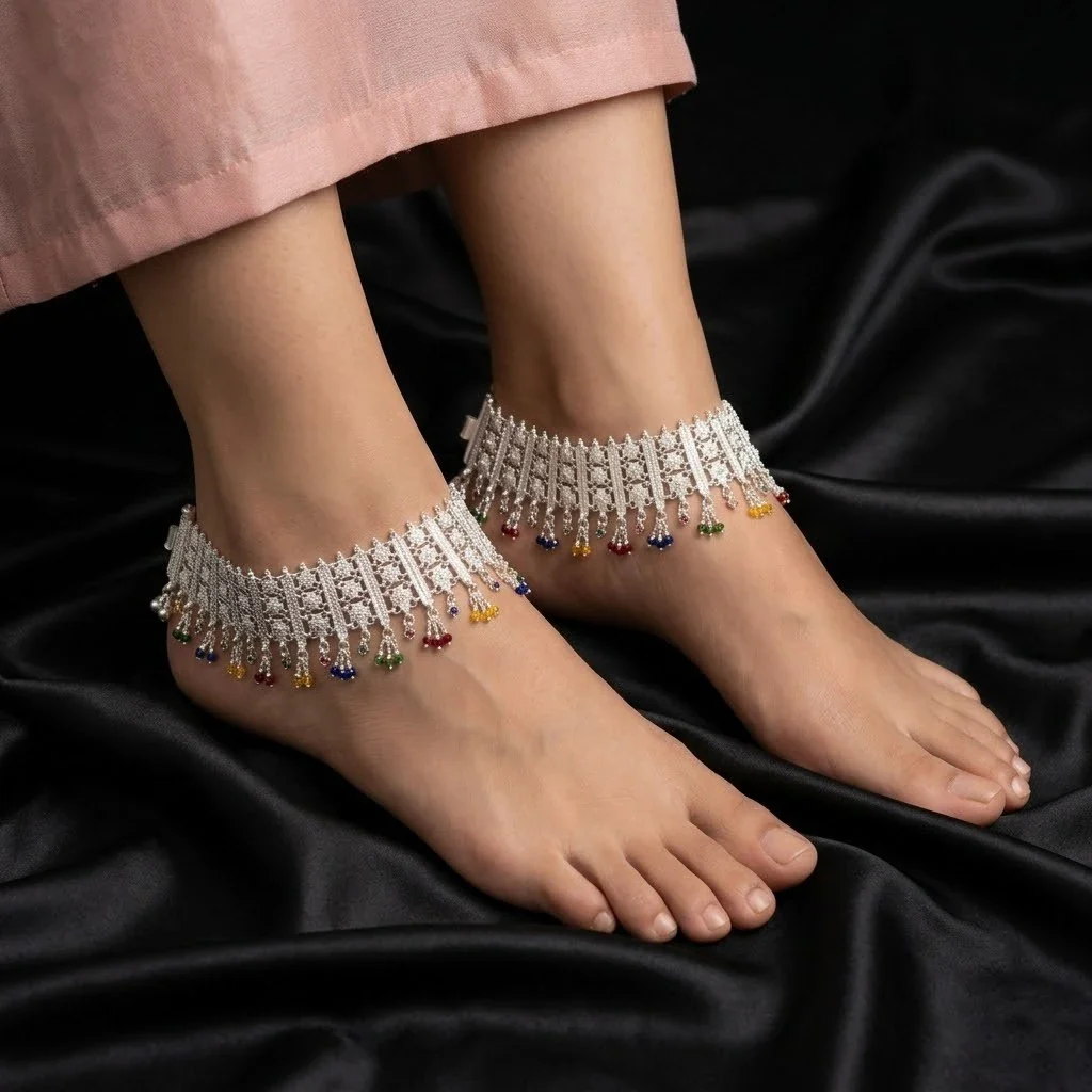 Traditional Silver Multicolor Tassel Payal for Women - Image 2