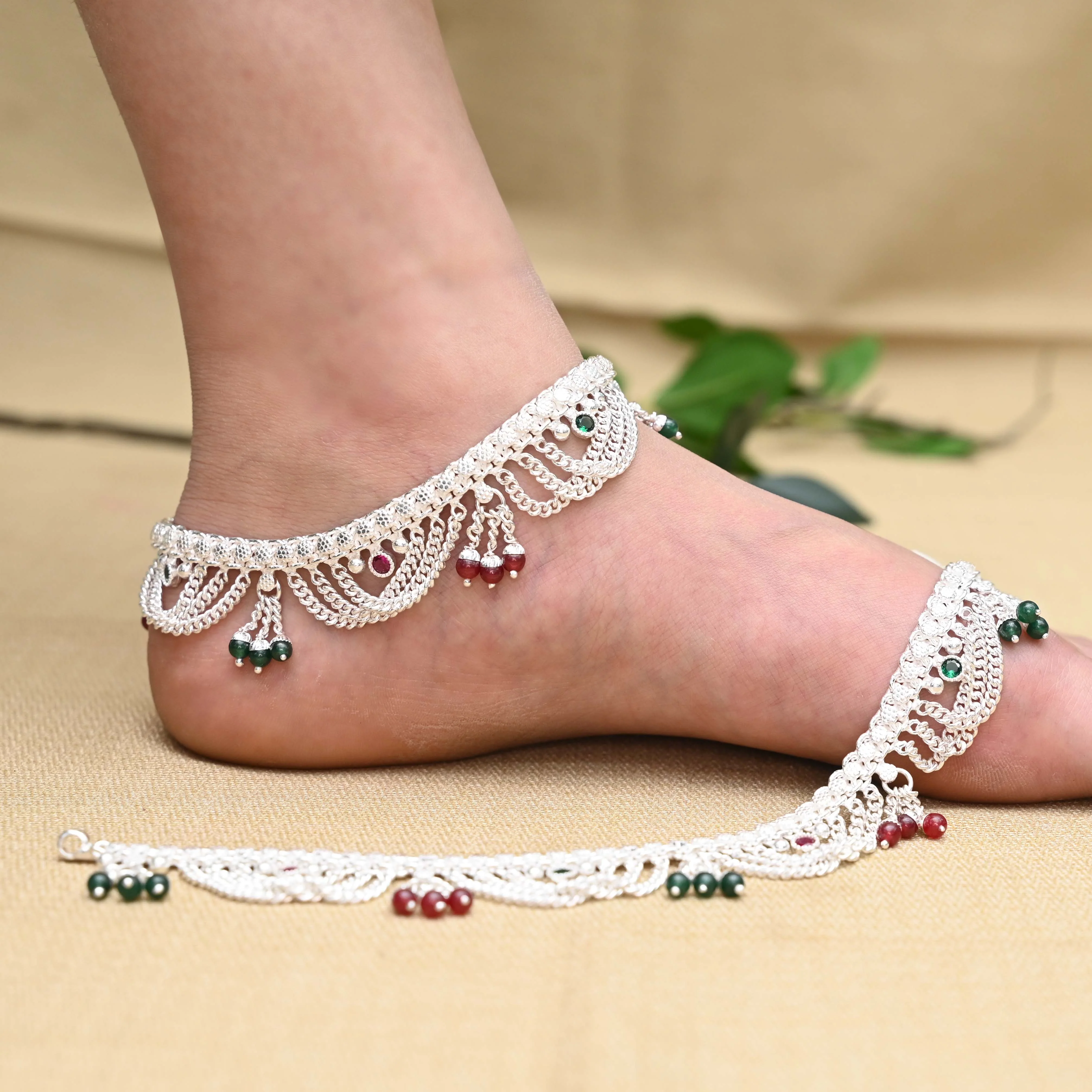 Traditional Silver Payal Anklet with Green & Pink Moti and Stone Detailing.