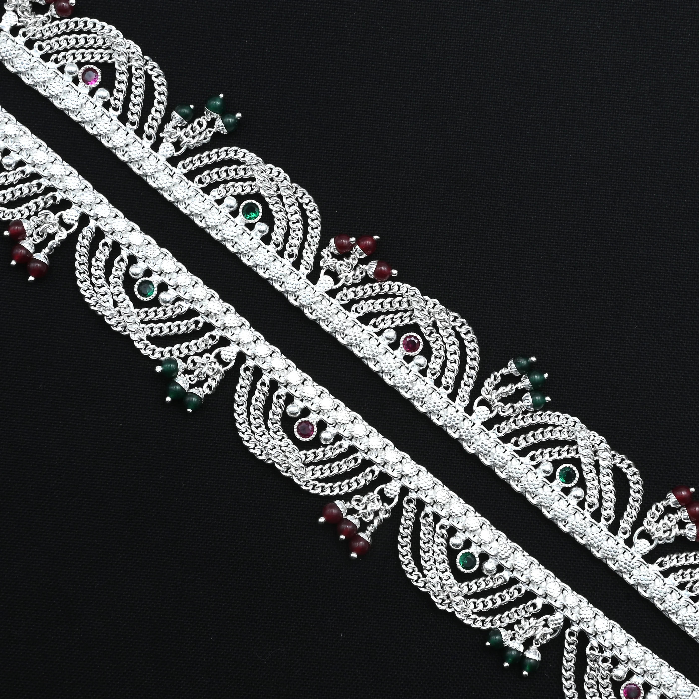 Traditional Silver Payal Anklet with Green & Pink Moti and Stone Detailing. - Image 3