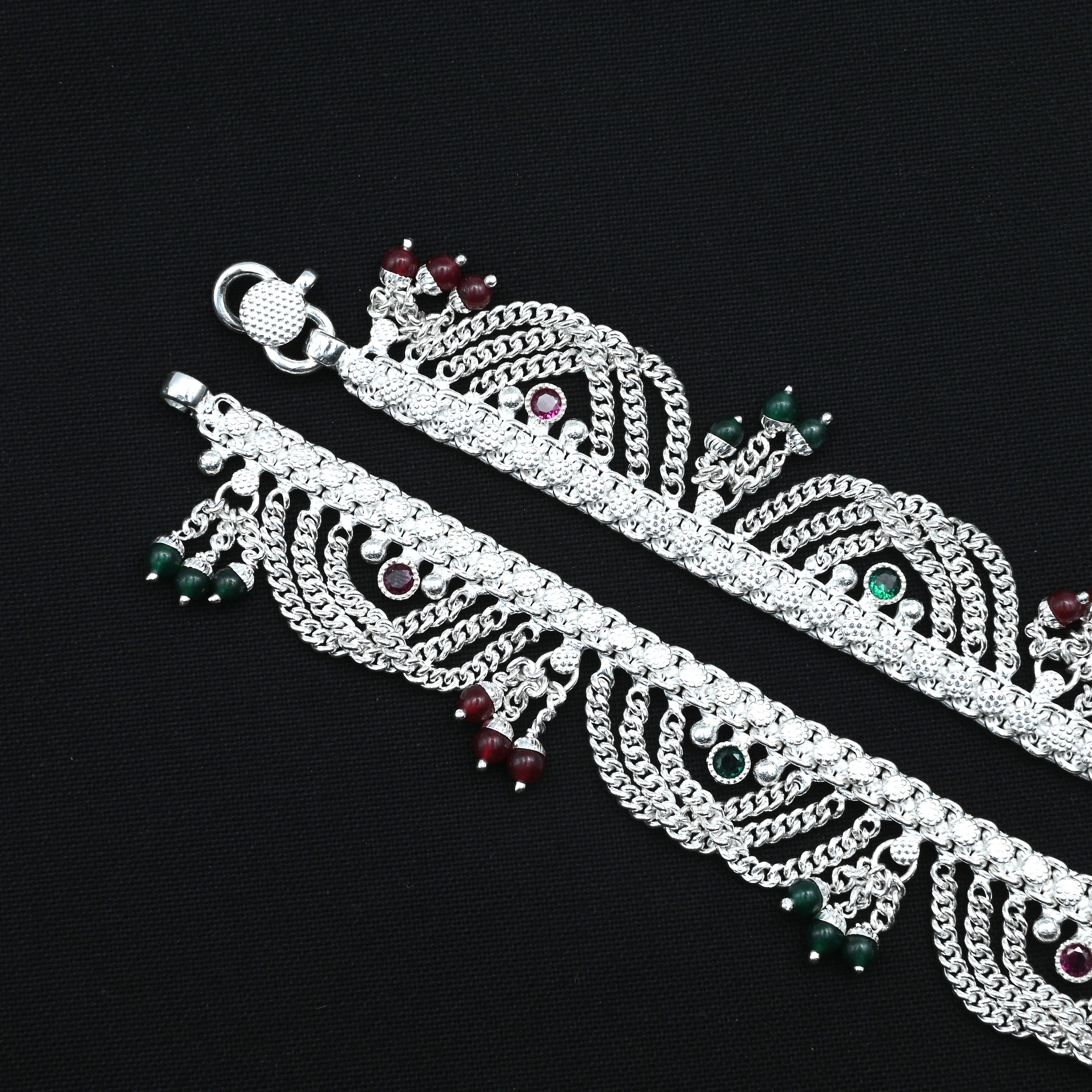 Traditional Silver Payal Anklet with Green & Pink Moti and Stone Detailing. - Image 4