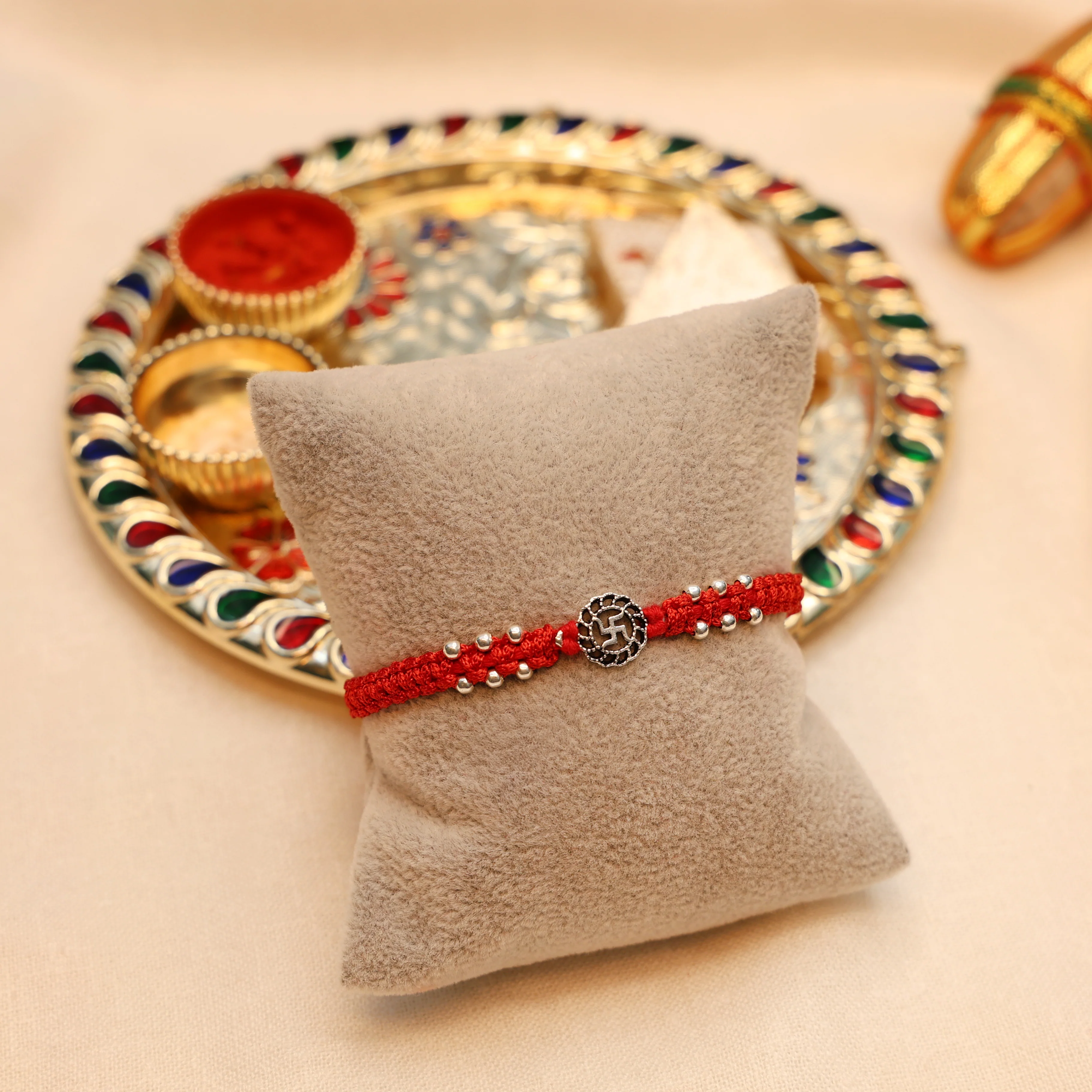 Traditional Swastik Buds Silver Rakhi - Image 2