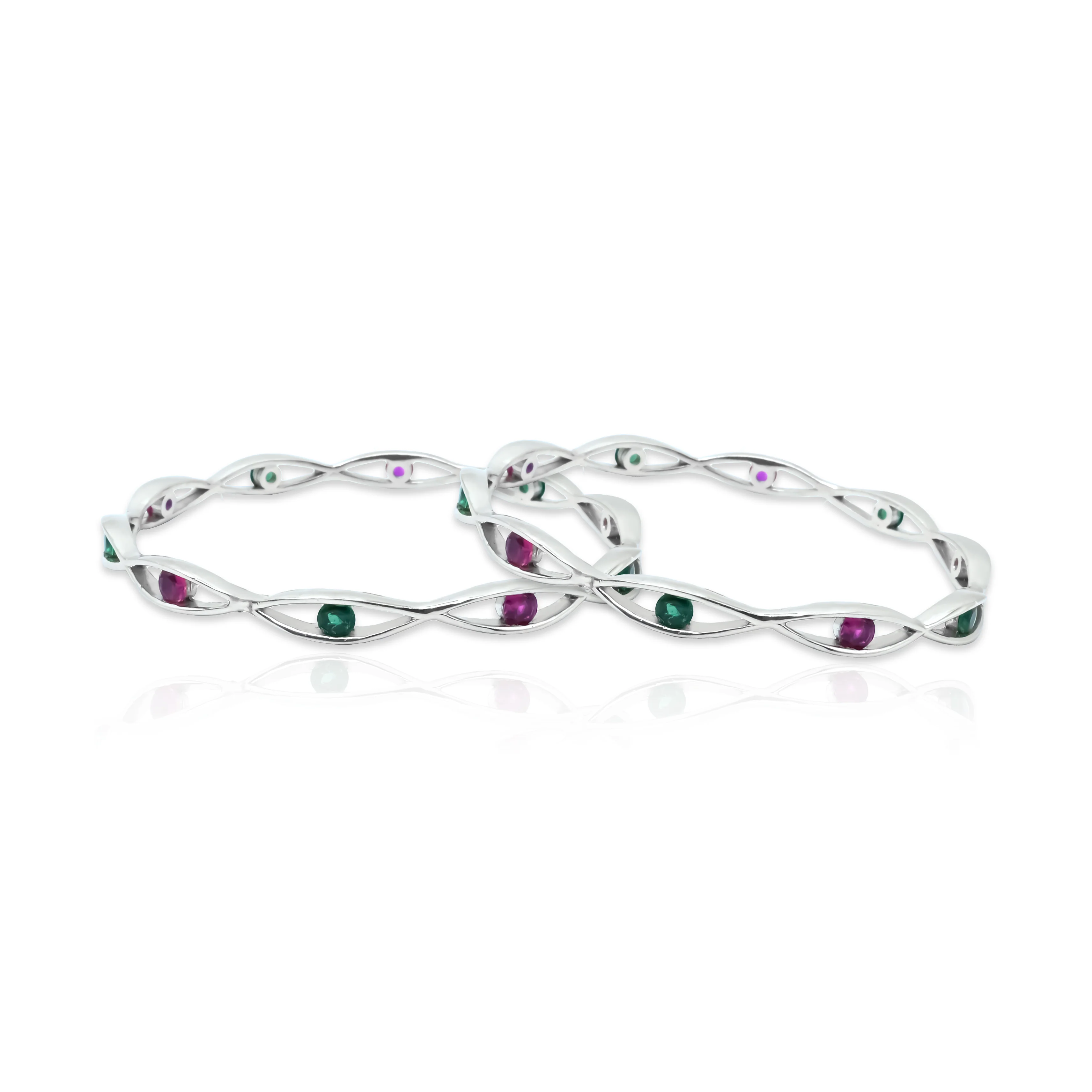 Trendy Silver Bangles with Vibrant Pink & Green Gems - Image 3