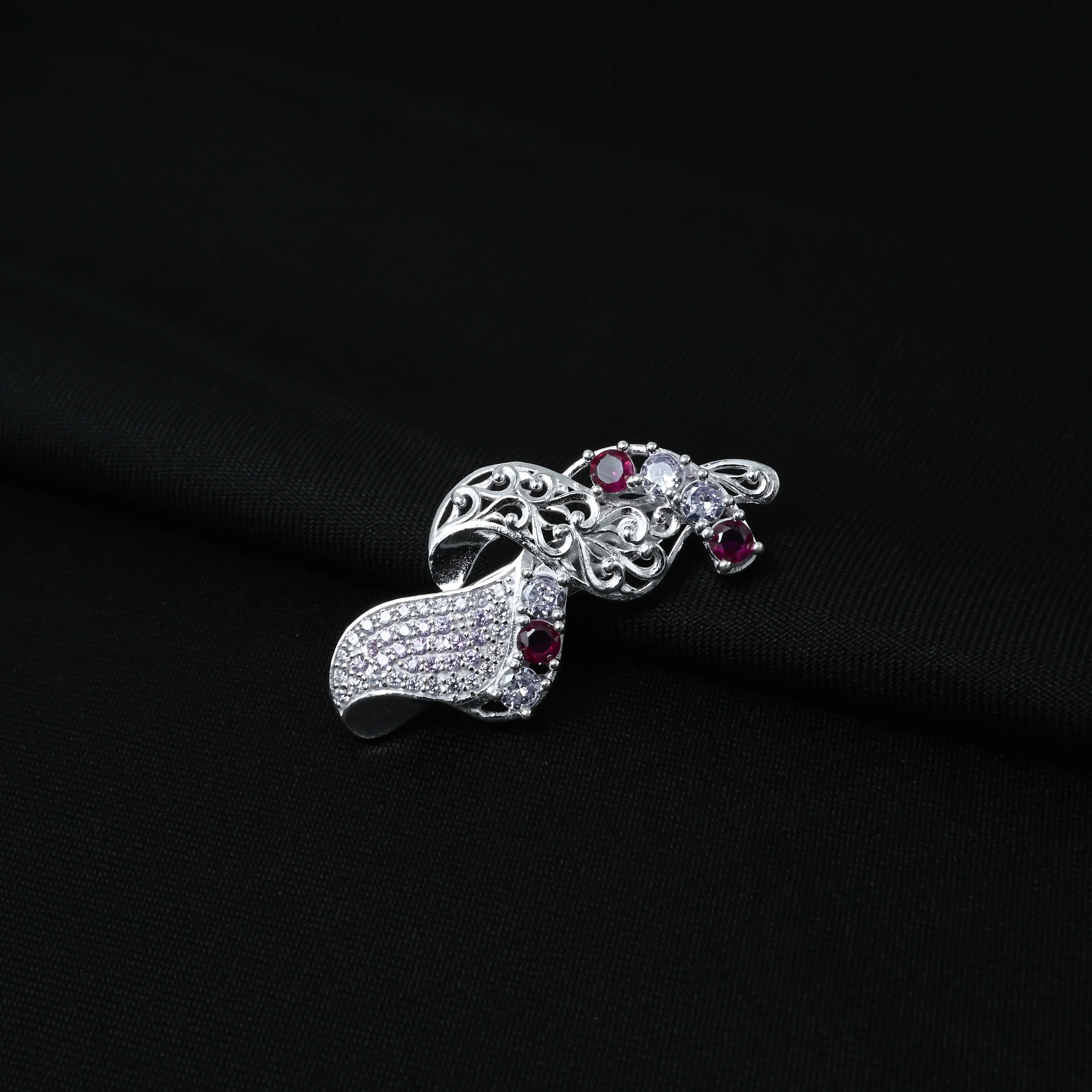 Twisting Silver Saree Pin with Purple White Stones - Image 2