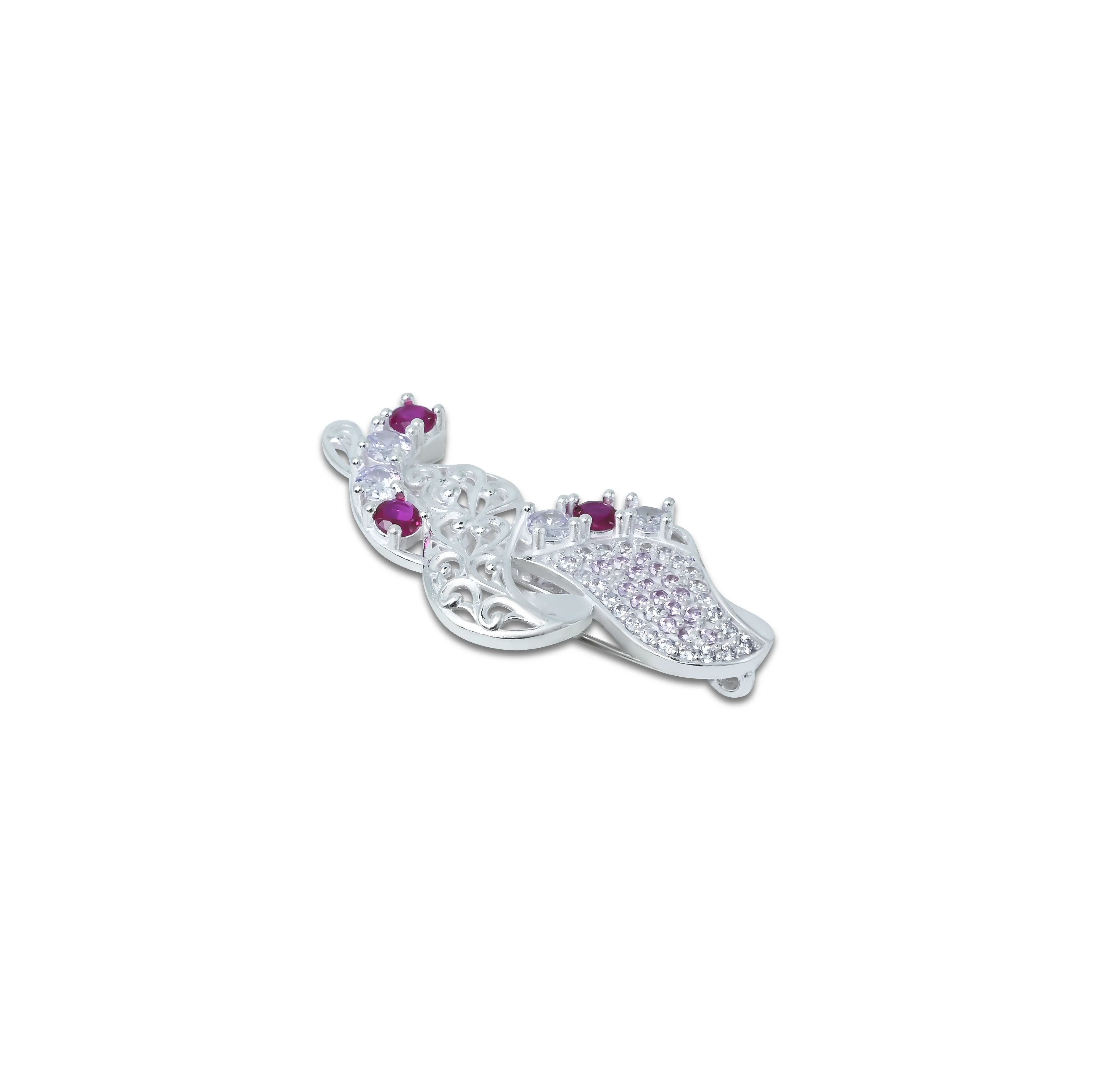 Twisting Silver Saree Pin with Purple White Stones - Image 3