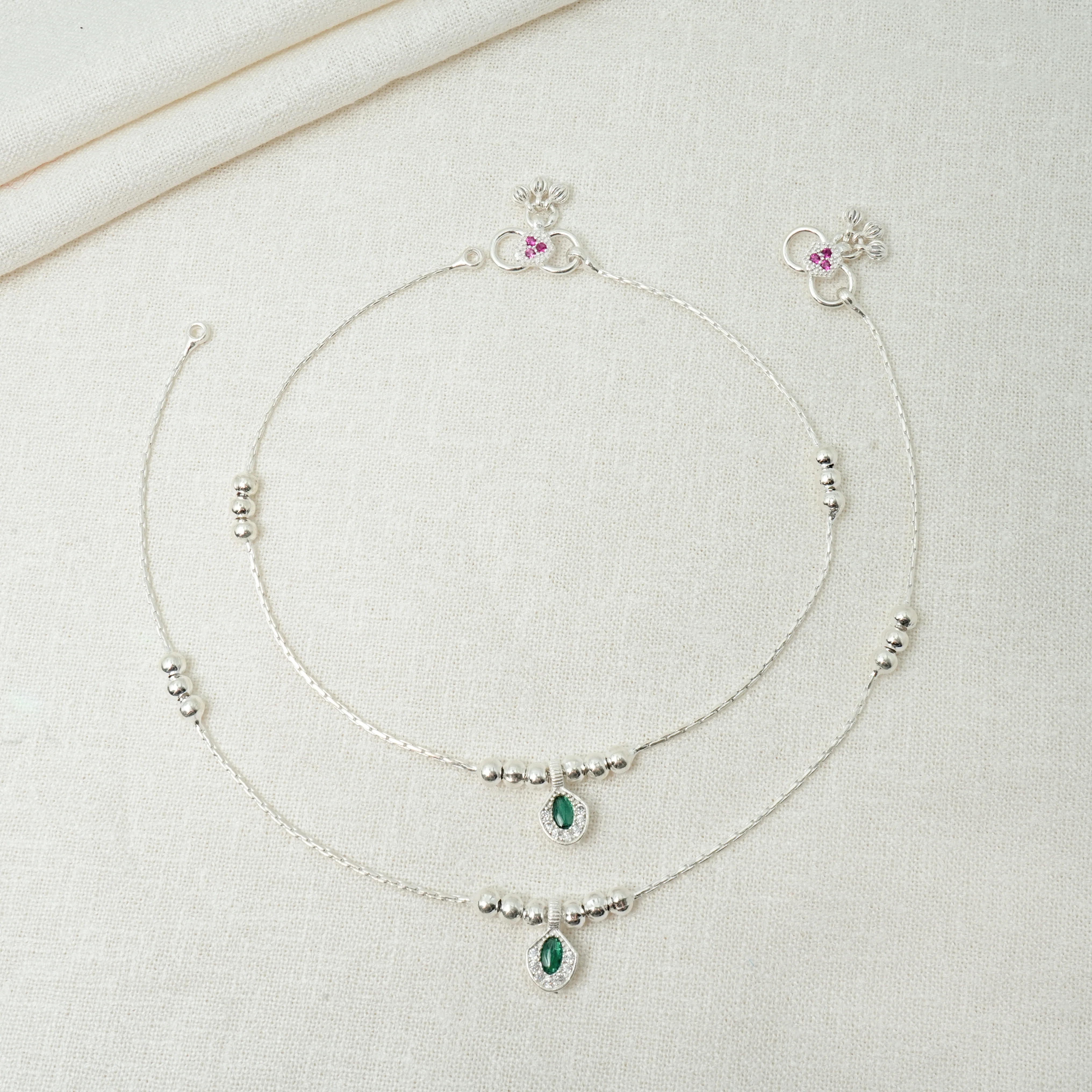 Women's Silver Anklet with Buds and Green Gem - Image 2
